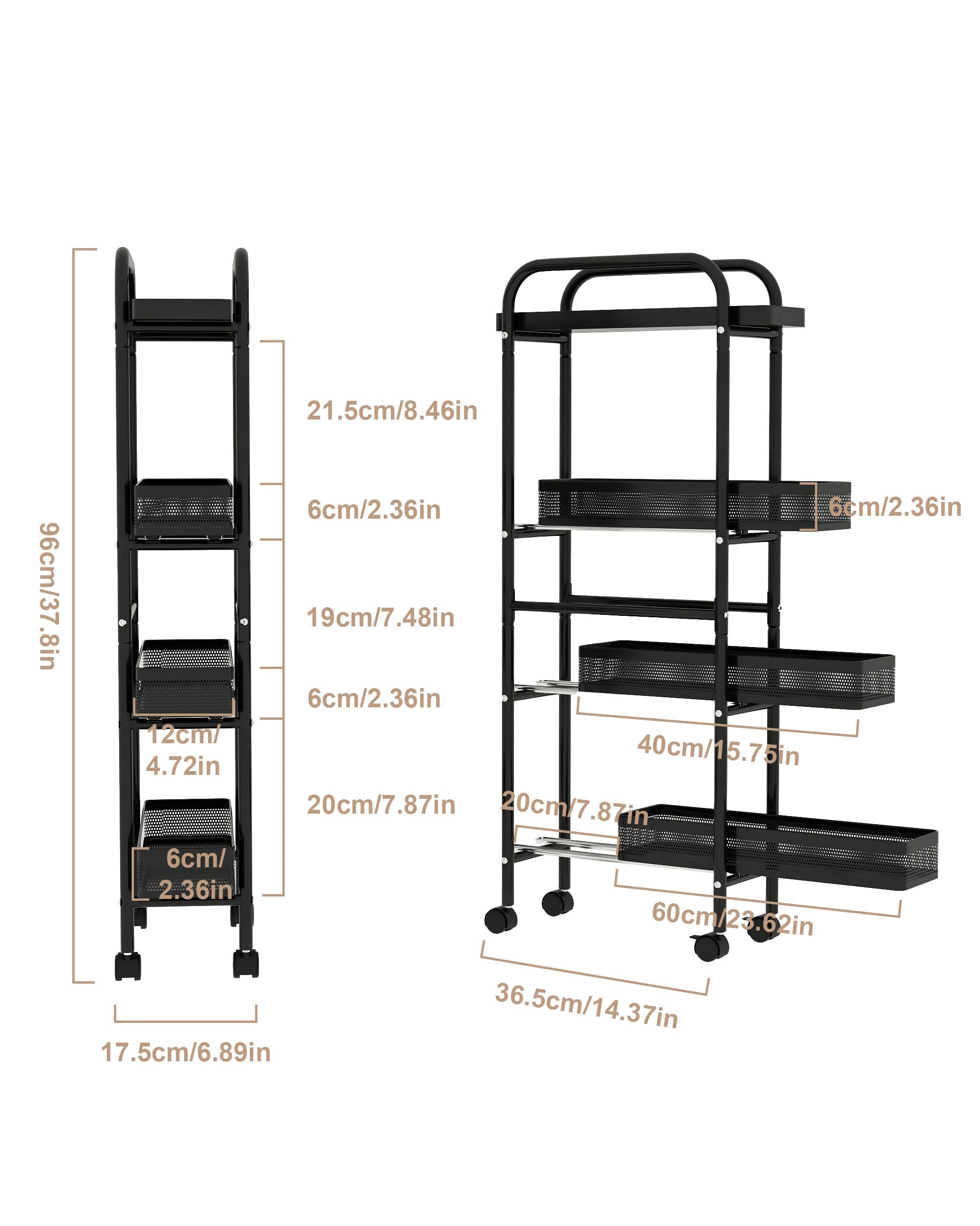 UMDONX Métallique Chariot de Cuisine étroit avec Tiroirs Coulissants,Noir | 4 Niveaux étagère Roulette Etroite,Chariot de Service à roulettes,Chariots de Rangement pour Cuisine Bain Salon Balcon