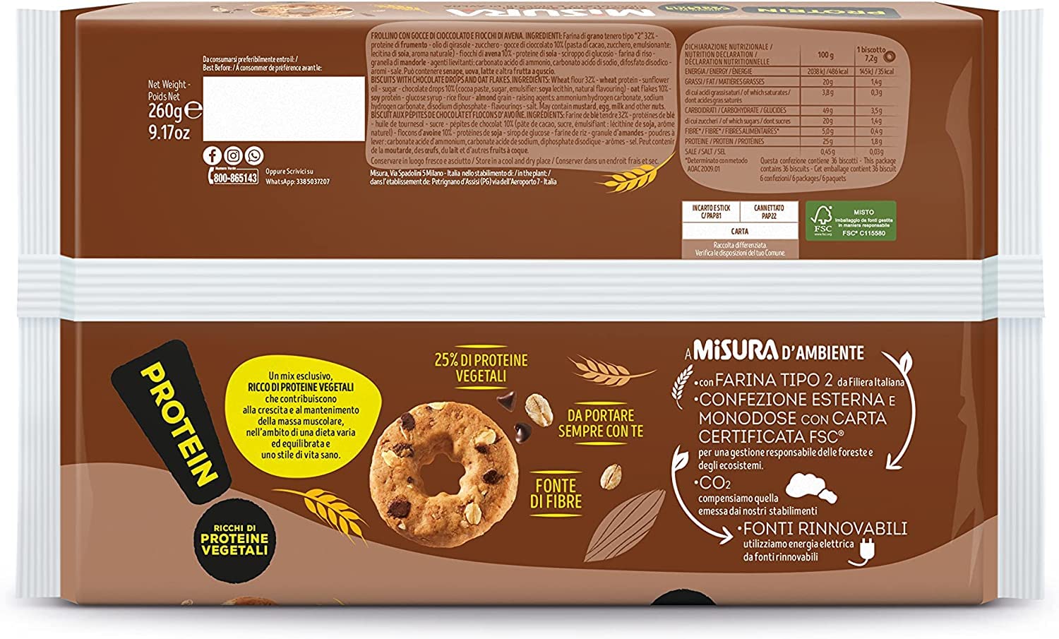 6X Misura Protein Biscotti Croccanti con Fiocchi di Avena e Gocce di Cioccolato 260g [CAIYA® BOX da 6 Confezioni]