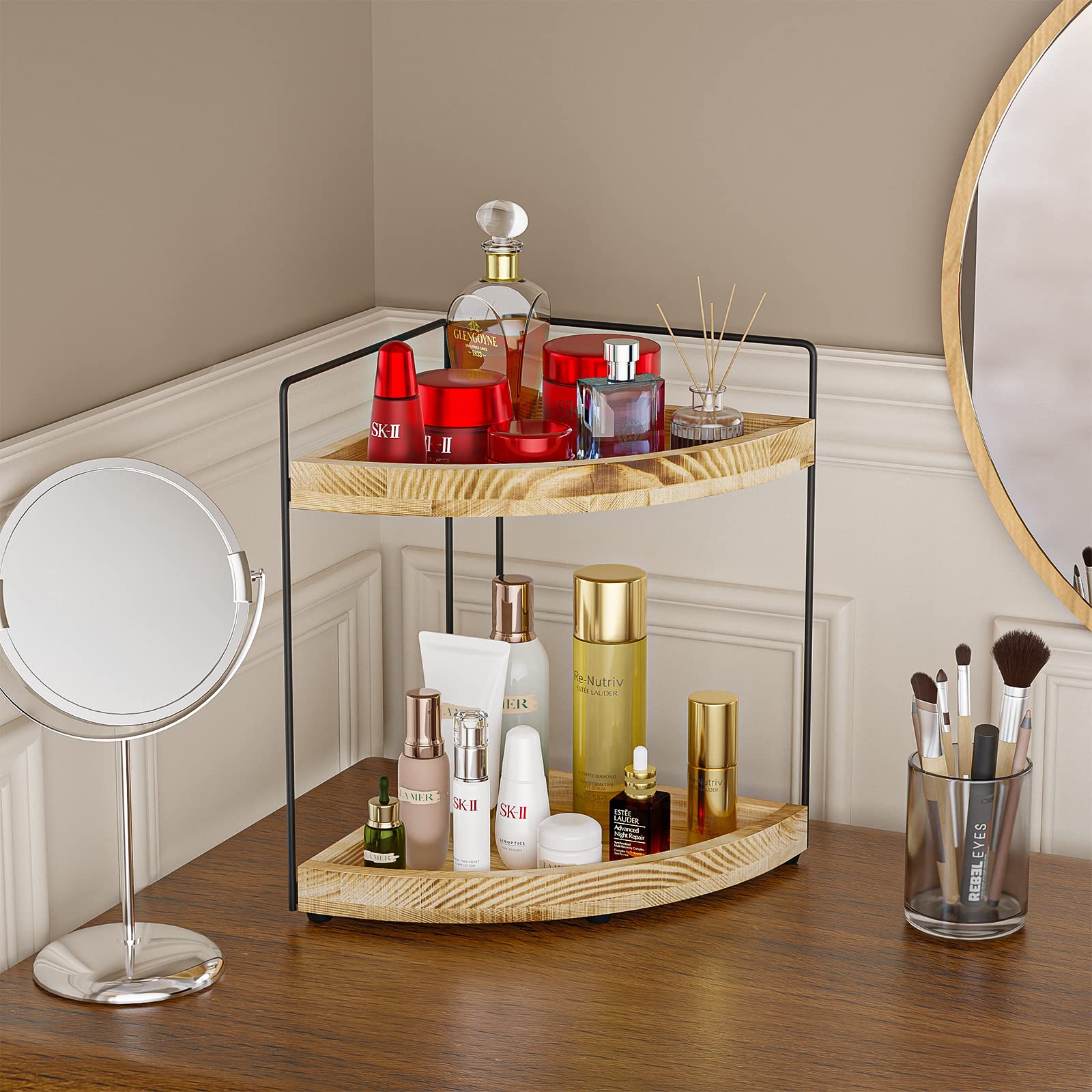 Sekepingo 2-Tier Coner Bathroom Countertop Organizer Cosmetic Vanity Dresser Tray Kitchen Snack Storage Shelf Wood Coffee Station Organization