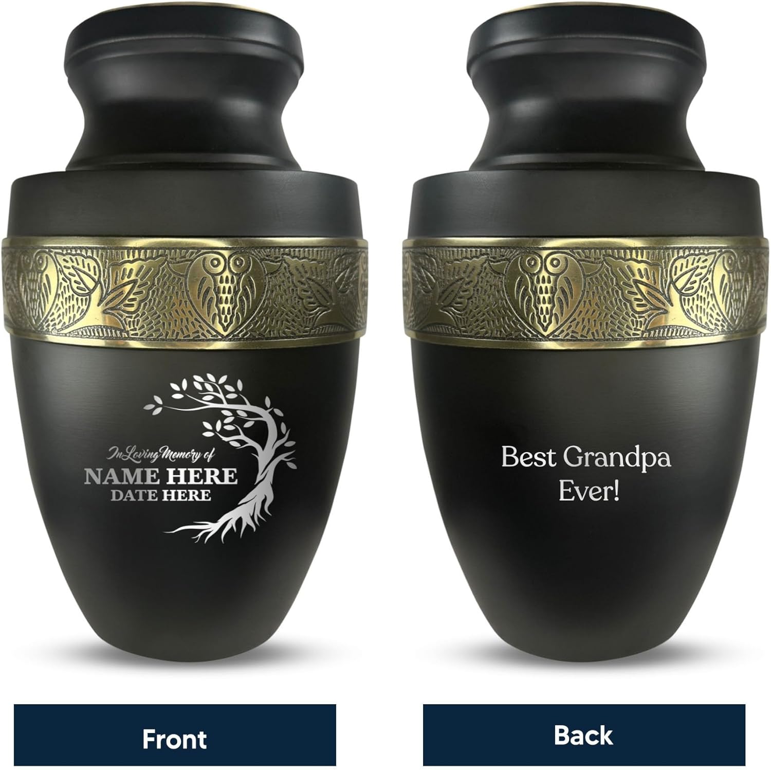 Personalized Adult Human Cremation Urn with Custom Engraved Name on Metal Vessel for Ashes Cremains | Elite Series Gold Rim Urn for Men or Women | 200 Lbs | Tree | Black