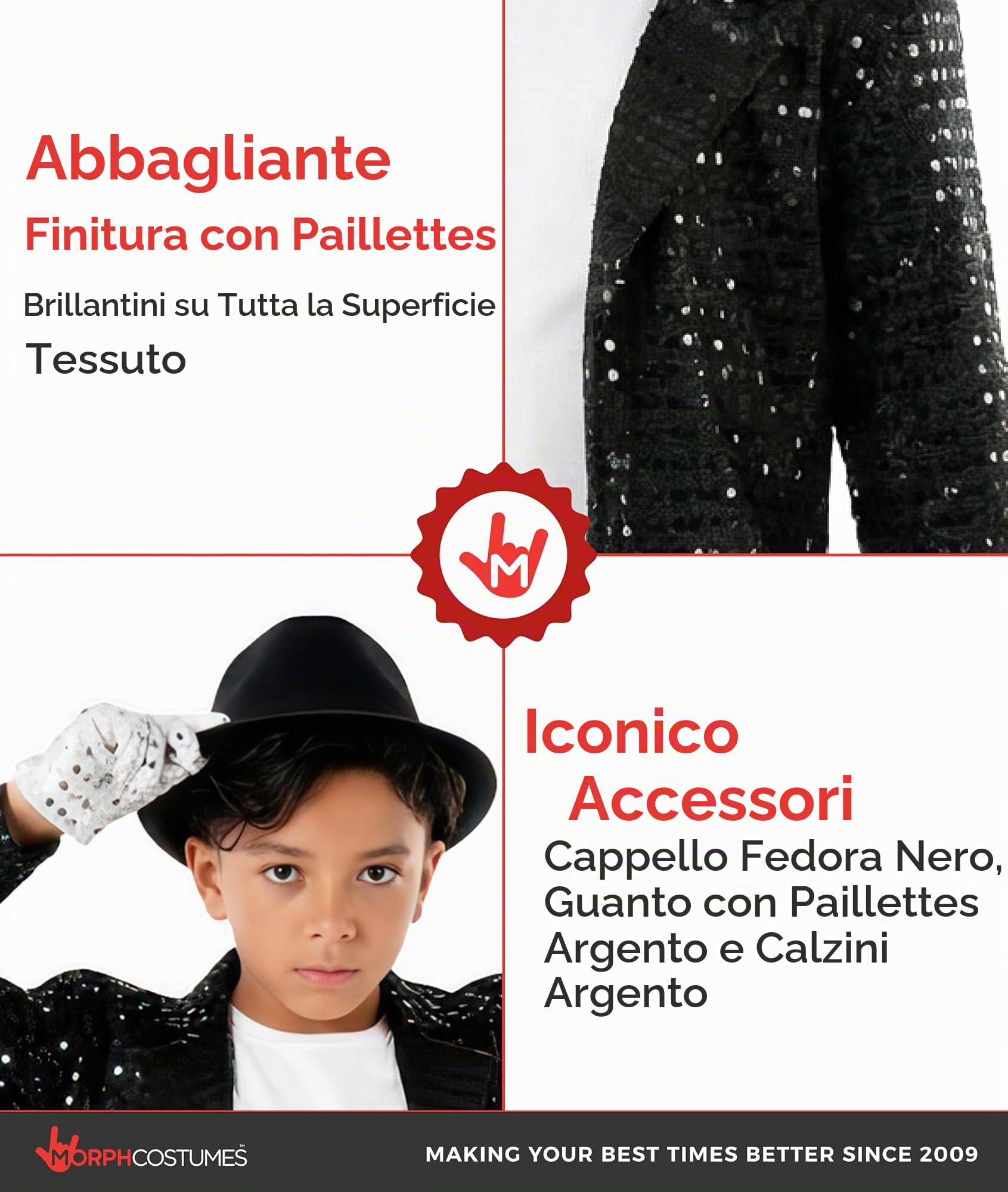 Morph Costume Star del Pop Bambino, Costume Halloween Bambino | Giacca di Paillettes, Pantaloni, Cappello Fedora & Guanto Argentato, Perfetto per Halloween, Ideale per il Gioco di Ruolo