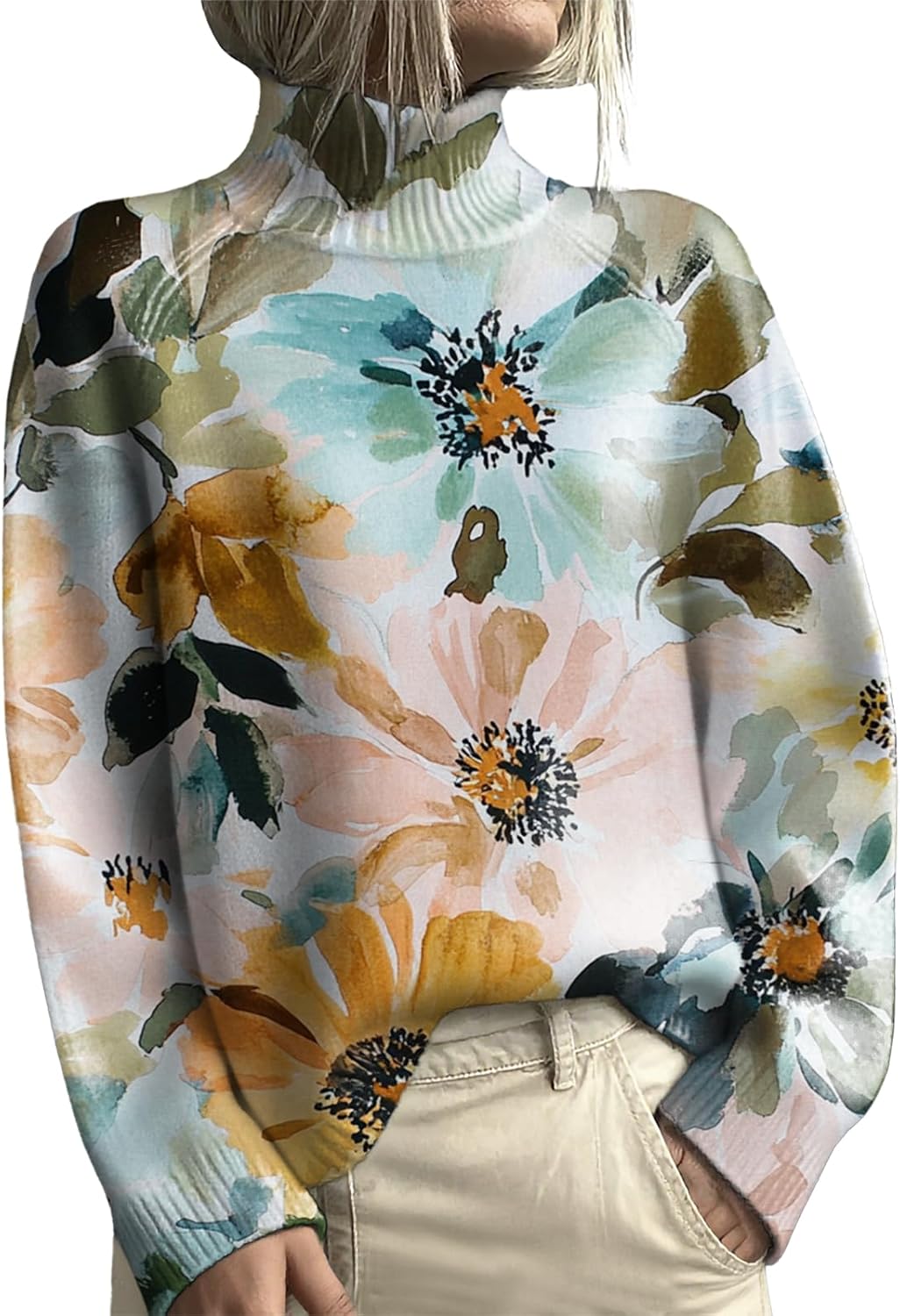 Womens Boho Floral Printed Turtleneck Sweater Long Sleeve Knitted Sweater Warm Fall Winter Chunky Pullover Sweaters