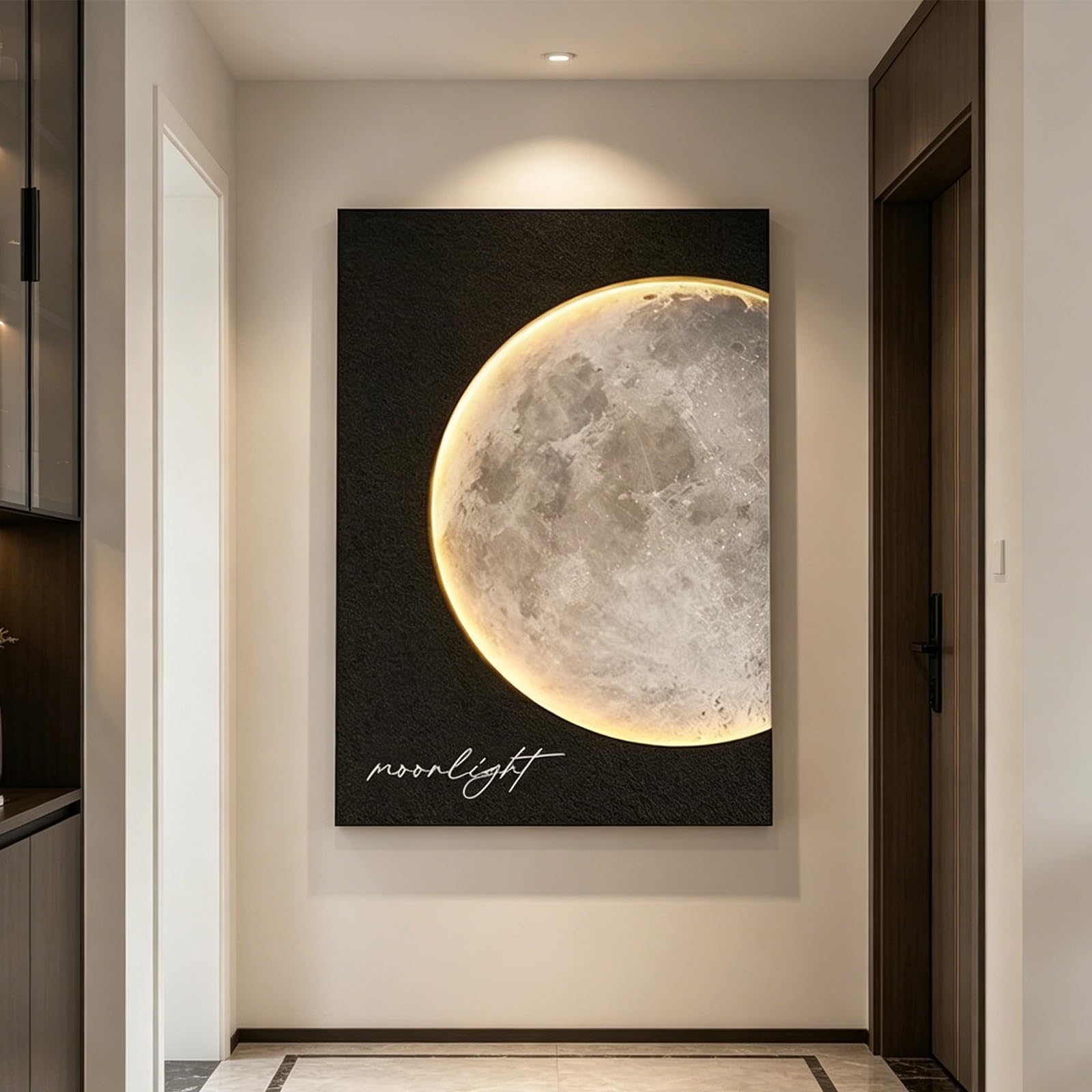 SYXHJTFZ Modern Elegant Moon Sandstone Wall Art Borderless Decor, Large Celestial Lunar Prints Warm Plug-in LED Light Remote Control for Living Room Apartment Indoor Space(G,80 * 120cm/31.5 * 47.2in)