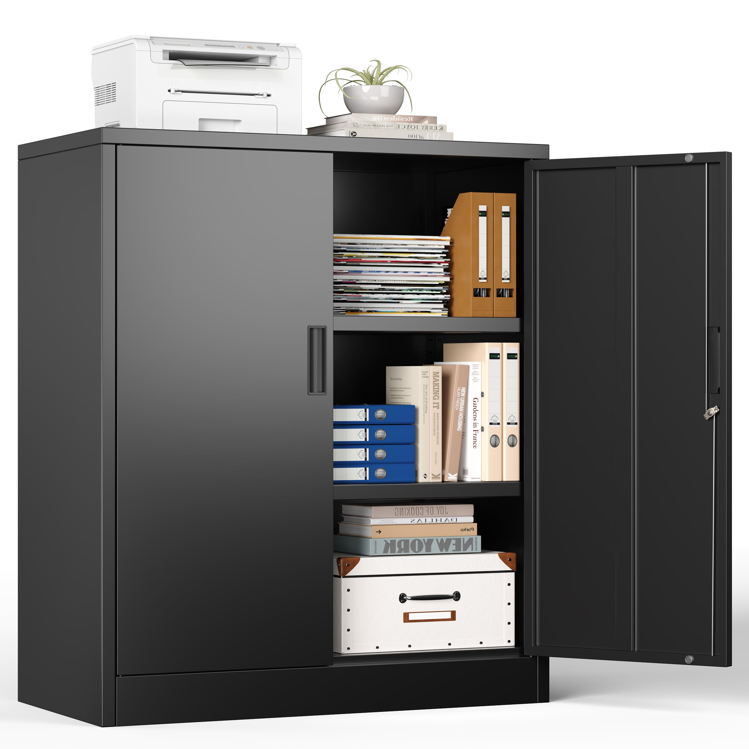 Metal Storage Cabinet, 90cm Locking Storage Cabinet with Doors & Shelves, Steel Storage Cabinet with 2 Adjustable Shelves for Garage, Home, Office, Utility Room, Assembly Required(Black, 90 * 80 * 40)