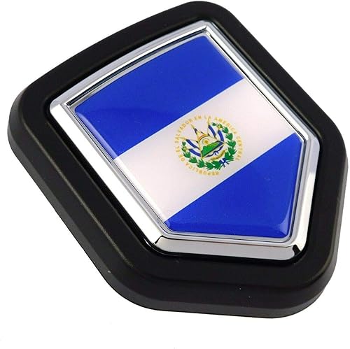 Bandera de El Salvador para coche, camión, escudo negro, parrilla emblema cromado, 2.6 x 3.1 pulgadas