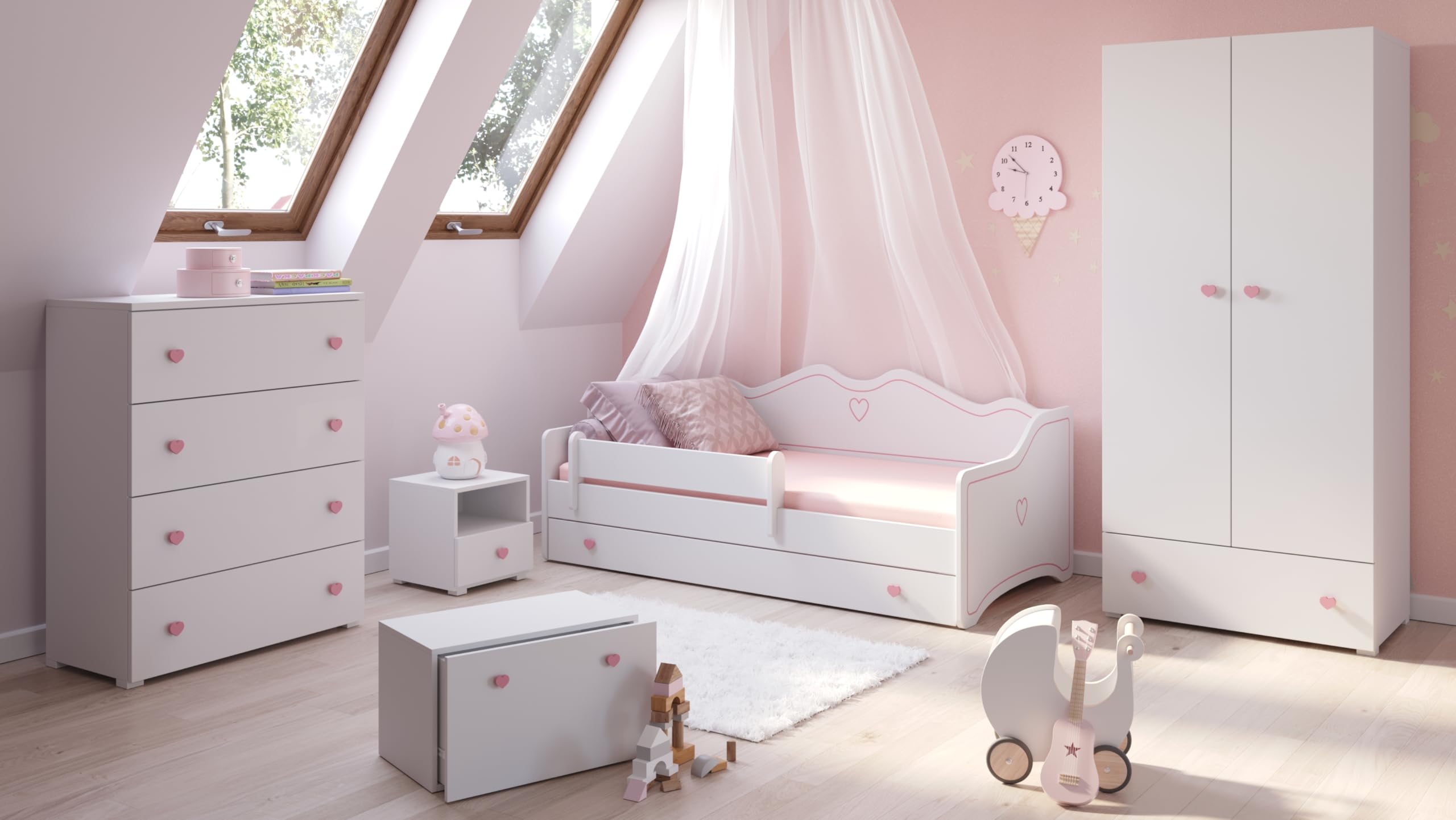 KOBI Cama Infantil Emma | 160 x 80 cm | Con Barrera, Colchón y Cajón de Almacenamiento | Para Niños y Niñas | Blanco Gris Rosa