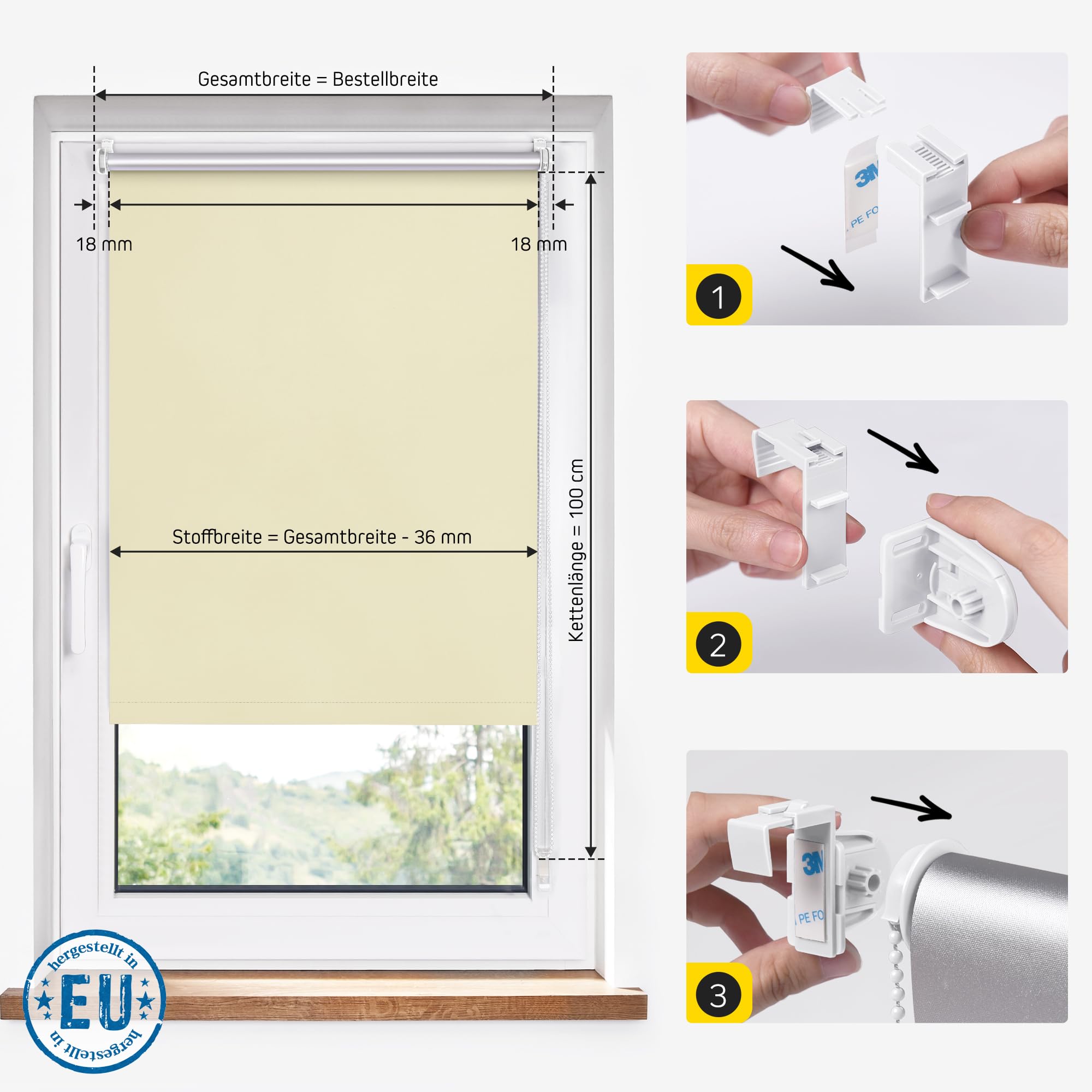 Jalousiescout Thermorollo ohne Bohren, Klemmfix Rollo mit Thermo-Beschichtung, Verdunkelungsrollo für Fenster und Türen, Sonnenschutz Sichtschutz, 110 x 230 cm (BxH), Creme