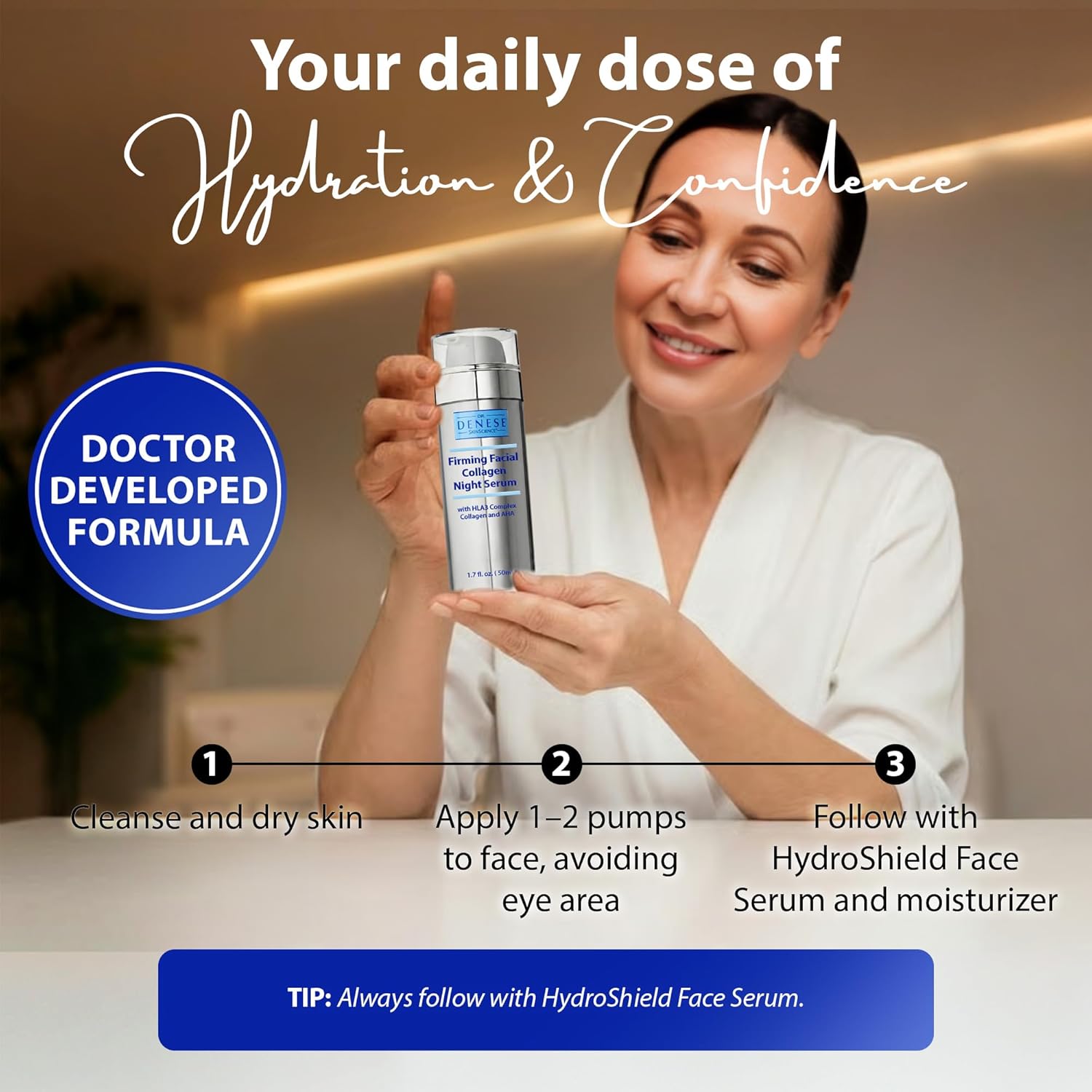 Dr. Denese Firming Facial Collagen Night Serum 1.7 oz – Anti-Aging, Hydration & Smoothing – With Hyaluronic Acid, Glycolic Acid, Squalane & Botanical Extracts – Paraben-Free & Cruelty-Free – Unscented