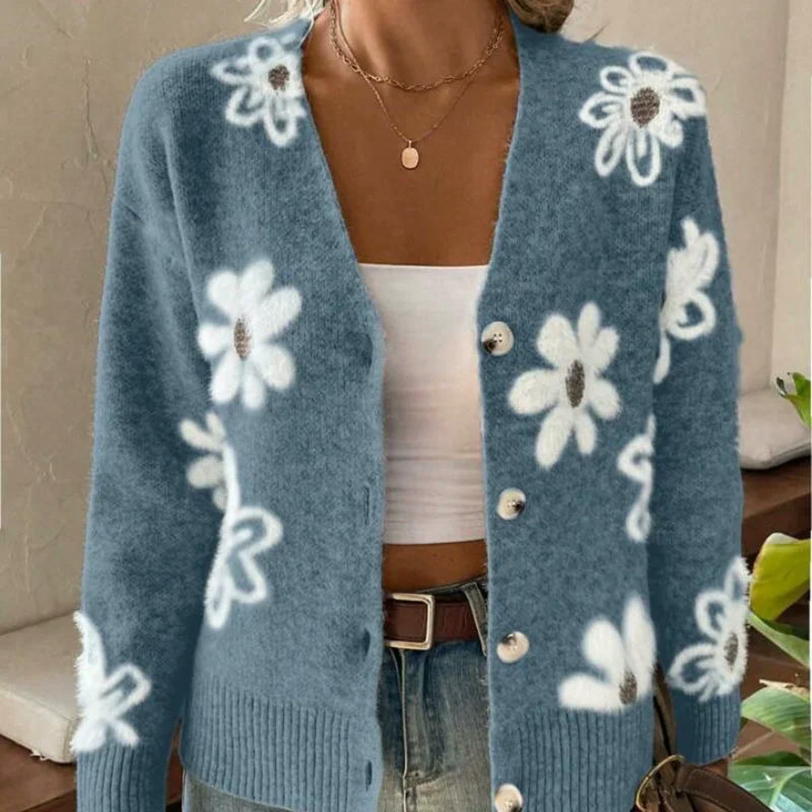 Maglione Donna Cardigan Floreale da Aperto sul Davanti A Maniche Lunghe Abbottonato Lavorato Maglia Capispalla-Blu-s