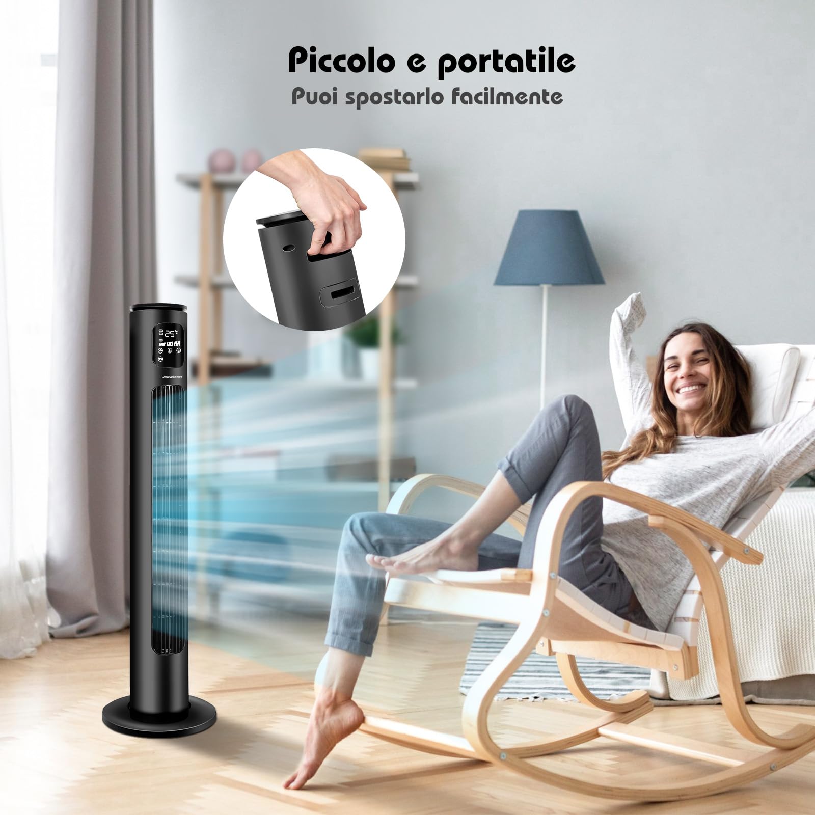 Aigostar Ross Smart - Ventilatore a torre Smart WiFi con telecomando, 102 cm, display LED, oscillazione 70°, 3 velocità 3 modalità, timer 24 ore, controllo APP, adatto per casa e ufficio