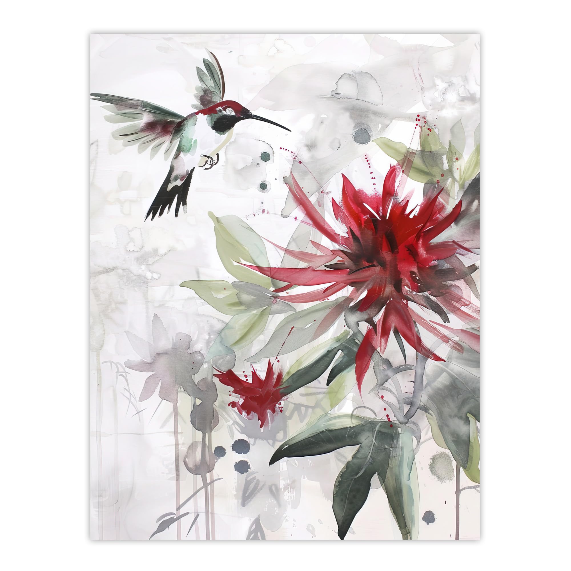 Artery8 Hummingbird Red Monarda Flowers Watercolour Living Room Large Wall Art Poster Print Thick Paper 18X24 Inch