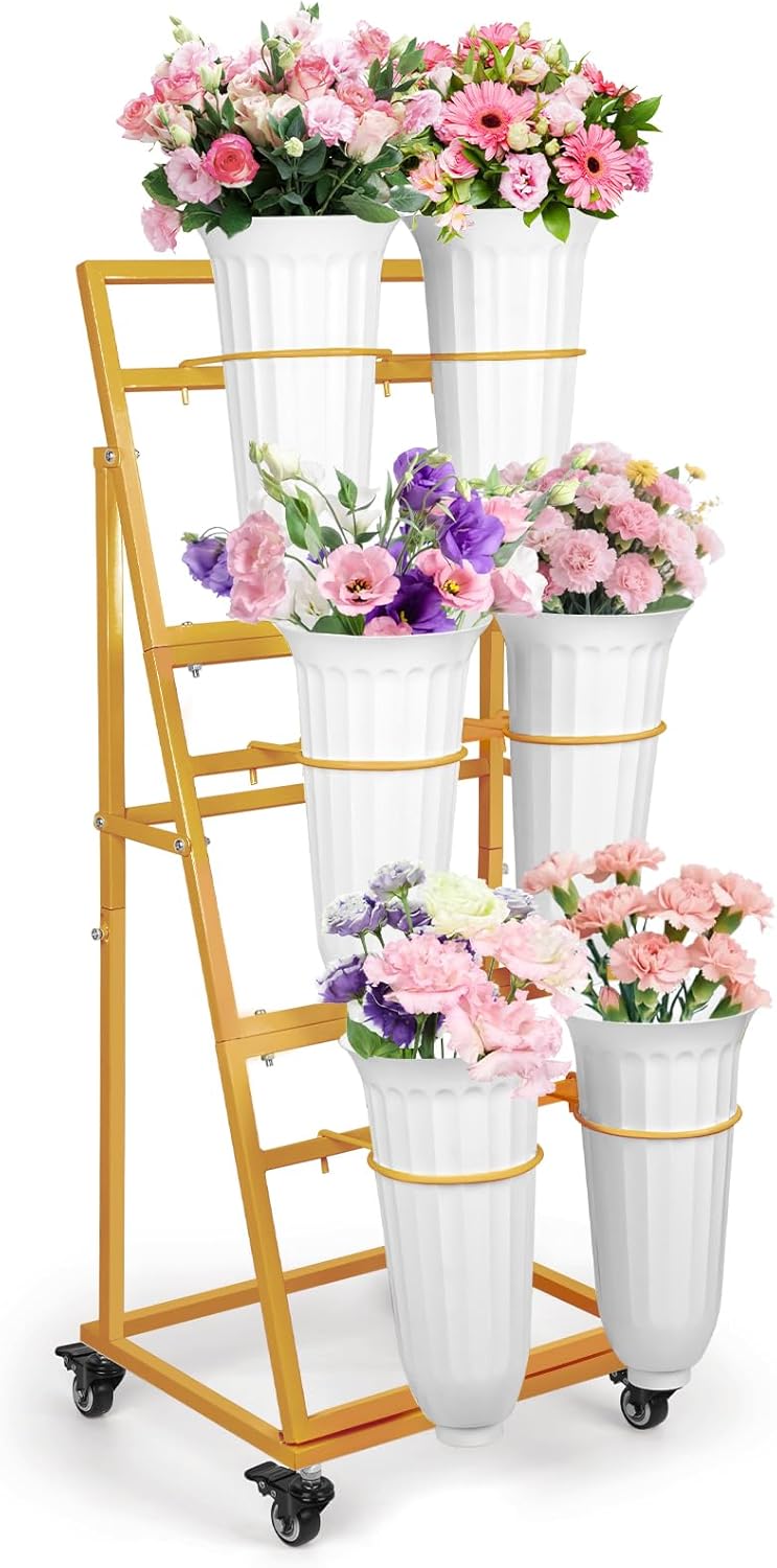 3FT Flower Display Stand with 6 Buckets,Metal Flower Bar Stand with Wheels,3 Layers Moving Florist Bouquet Shelf for Indoor Outdoor Garden,Flower Shop,Wedding,Party Decor (GOLD)
