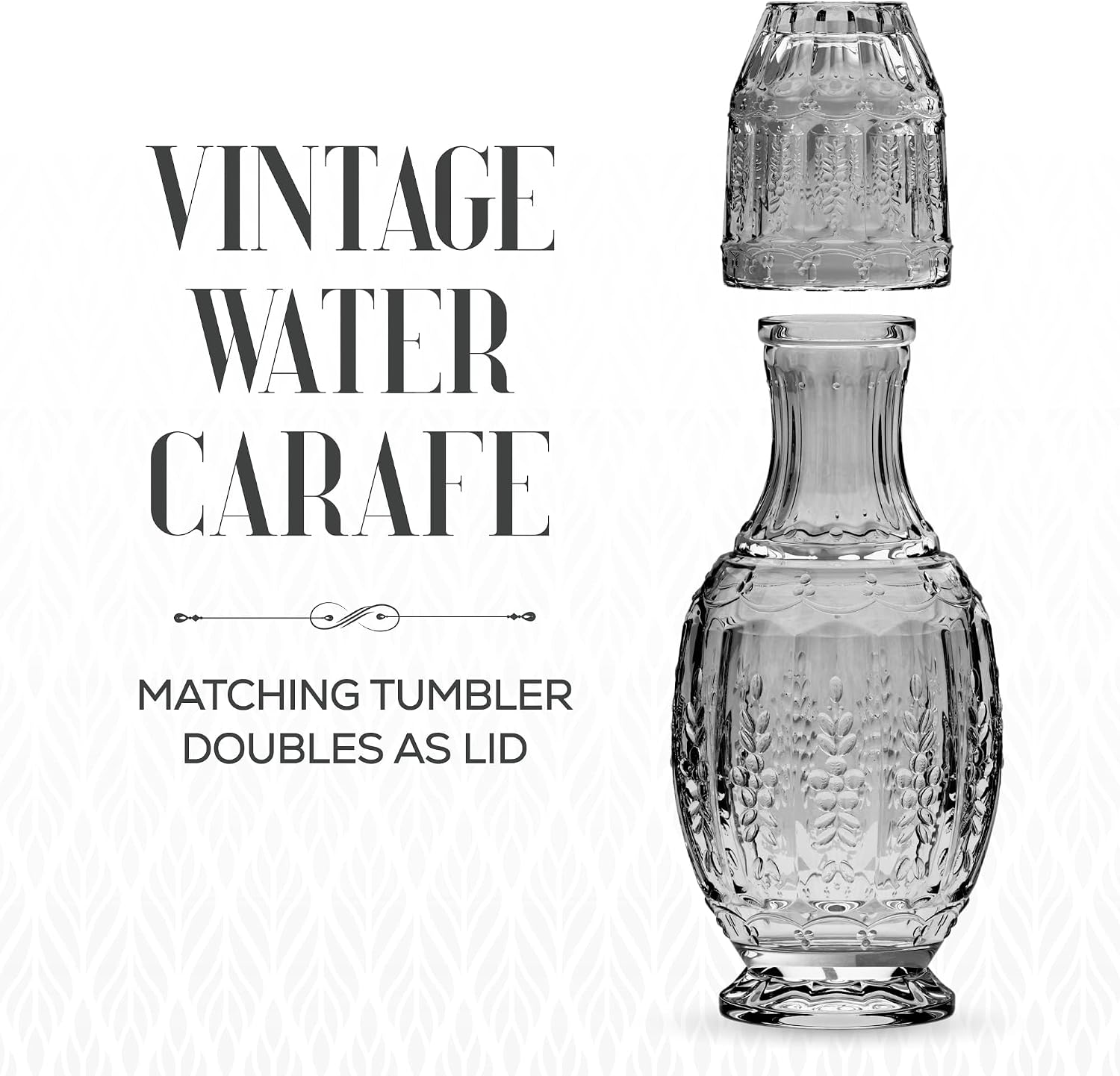 Elle Decor Bedside Water Carafe and Glass Set - Tumbler Lid, Vintage Carafe Etched Design, Perfect for Night Stand, Guest Room, Bar Decor, Housewarming Gift, Glass Mouthwash Decanter Cup - 33 Oz, Grey image 2