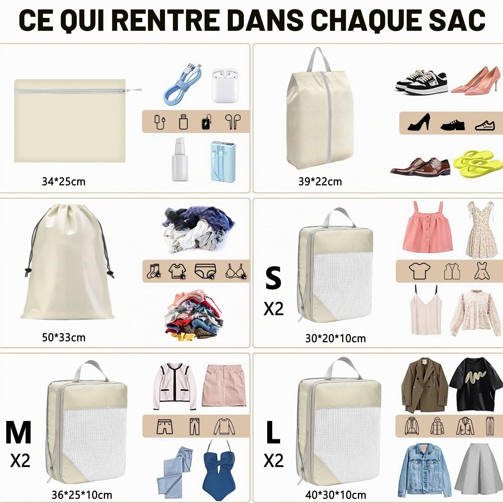 9 Pièces Organisateur de Voyage,Packing Cubes Compression,Organisateur Valise,per Vêtements, Chaussures et Cosmétiques,rangement valise organisateur.(Beige)