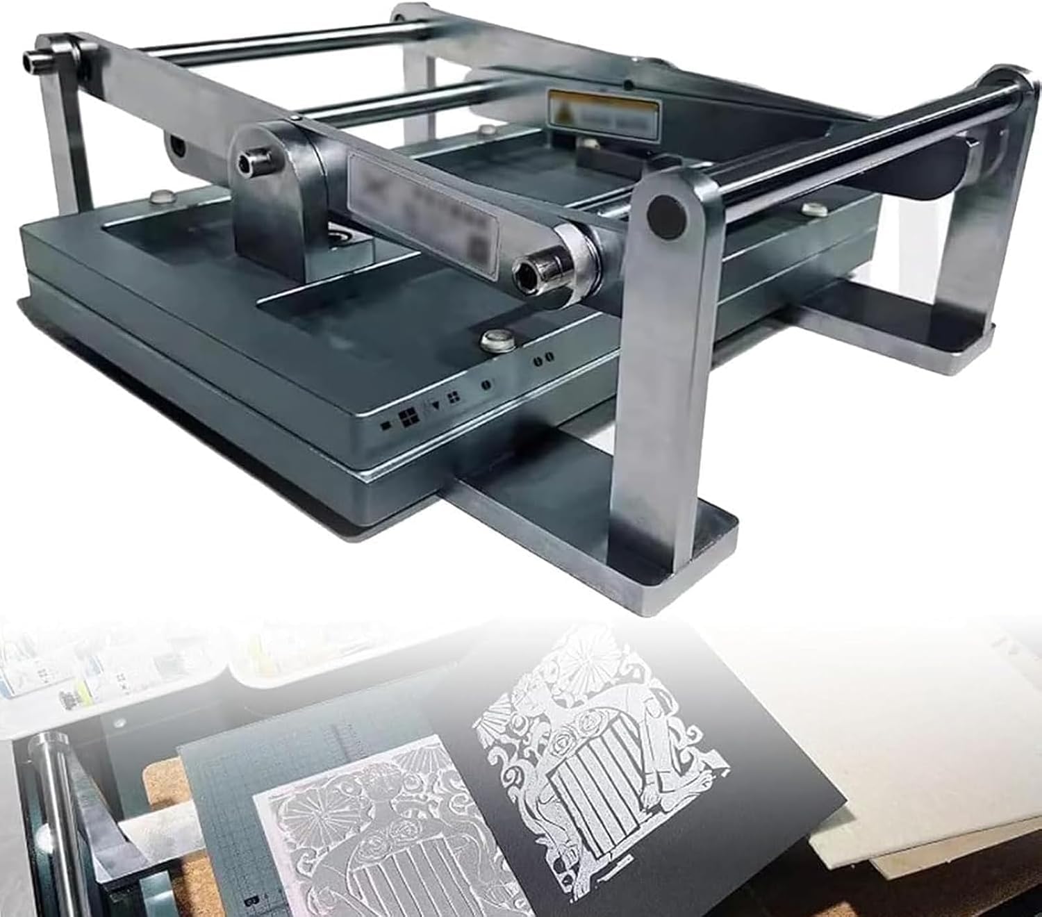 Prensa plana manual para grabado en linóleo y aguafuerte en formato A4, altura ajustable, compatible con tarjetas y sellos, placa de 35 x 24 cm. Prensa versátil para grabado en linóleo y madera.