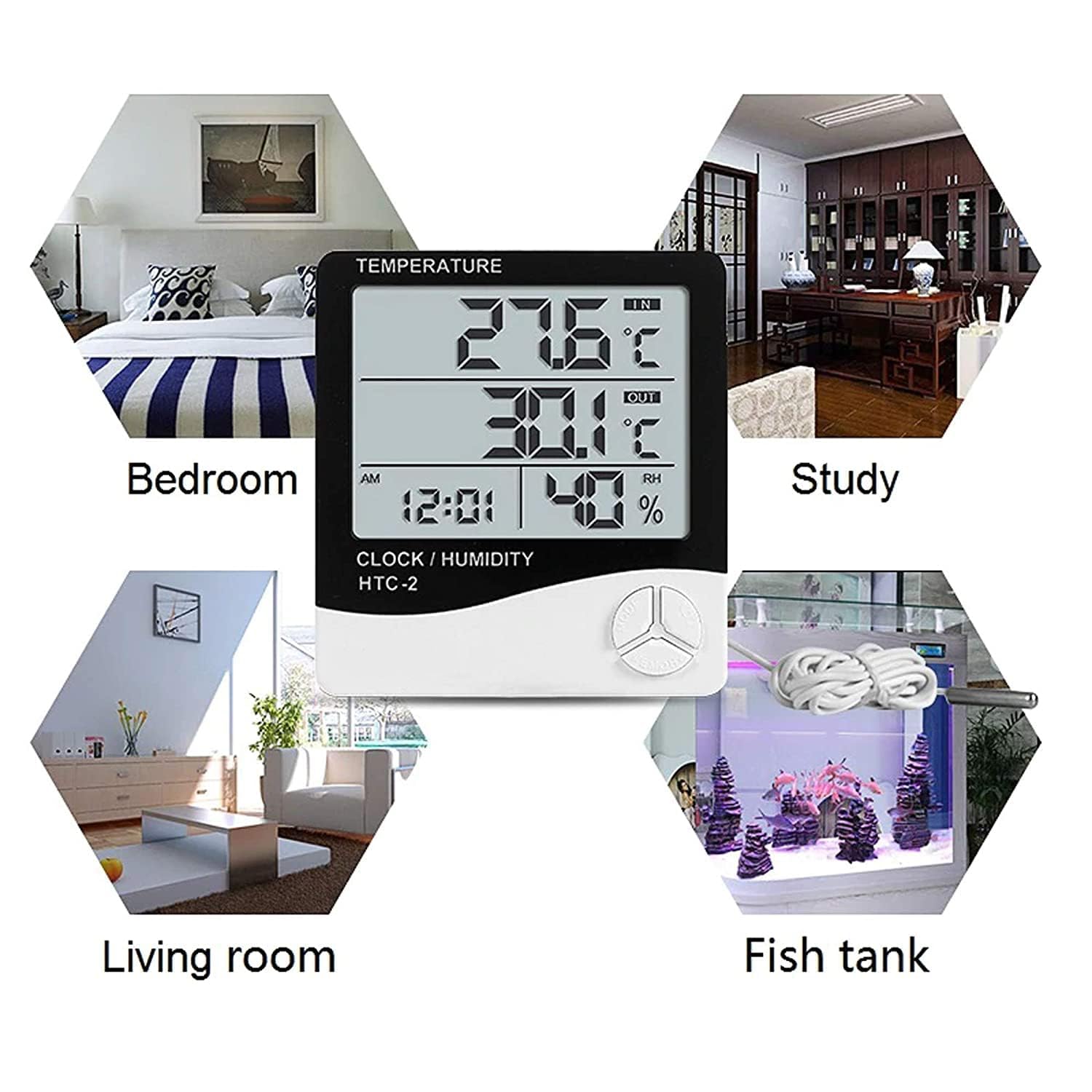 OTTIXE Digital Thermometer Hygrometer with Clock, Temperature Humidity Meter, LCD Display, Black and Silver, Tabletop Mounting 3