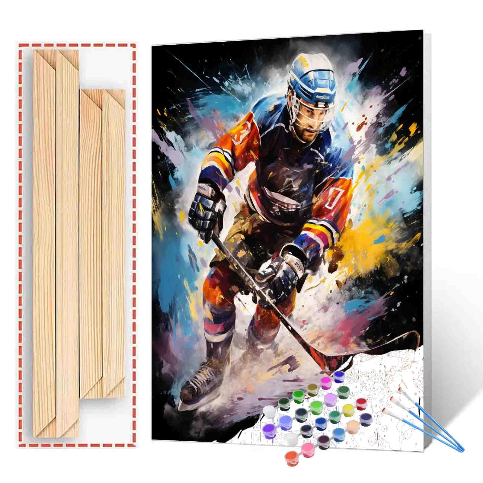 Ice Hockey Competition Paint by Numbers Kits with Brushes,Graffitic Extreme Sports Acrylic Oil Painting for Adults Kids American Athletes Pictures Arts Craft Men Cave Office Decor Gift (DIY Frame)