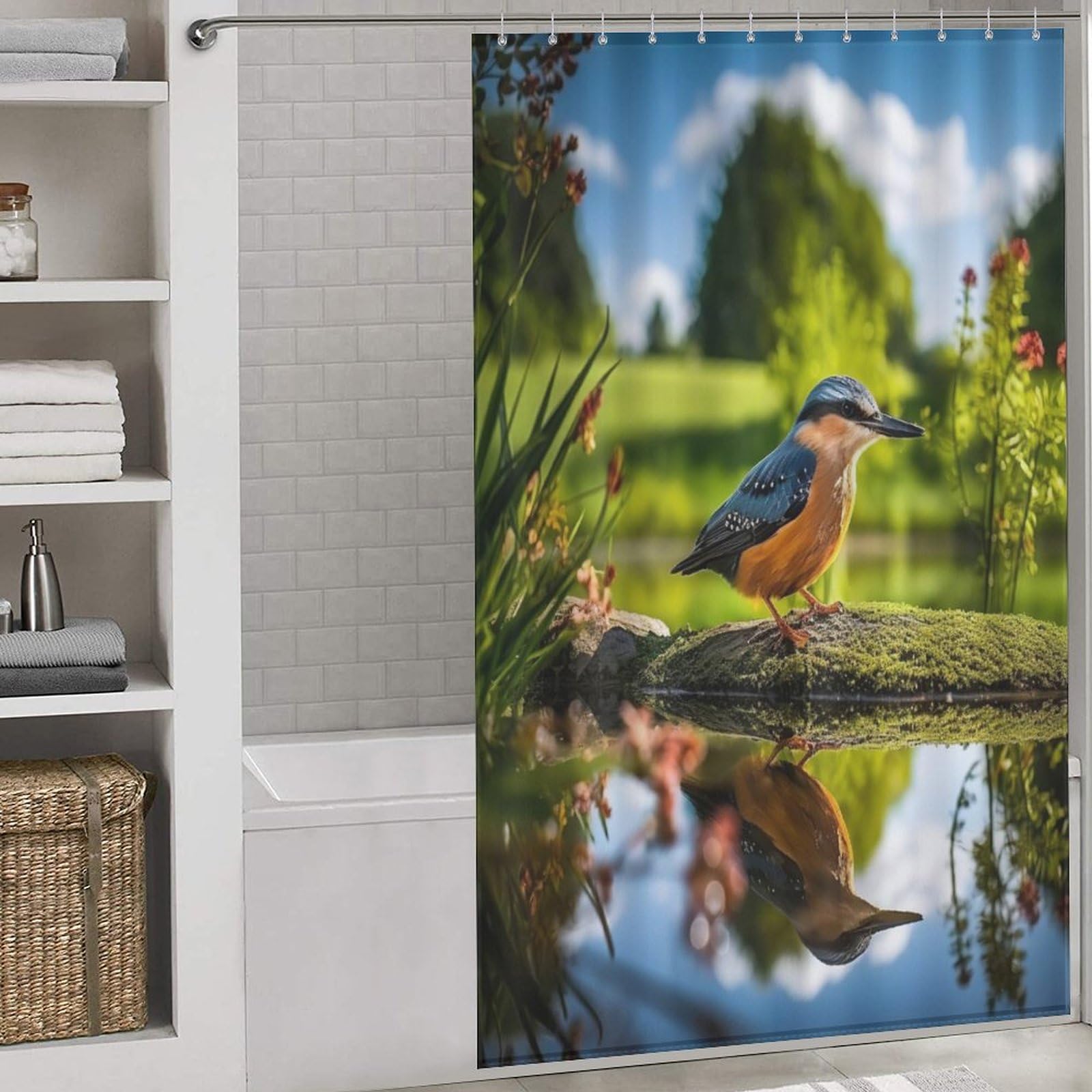 Rideau de douche oiseau salle de bain en polyester imperméable 140x183 cm