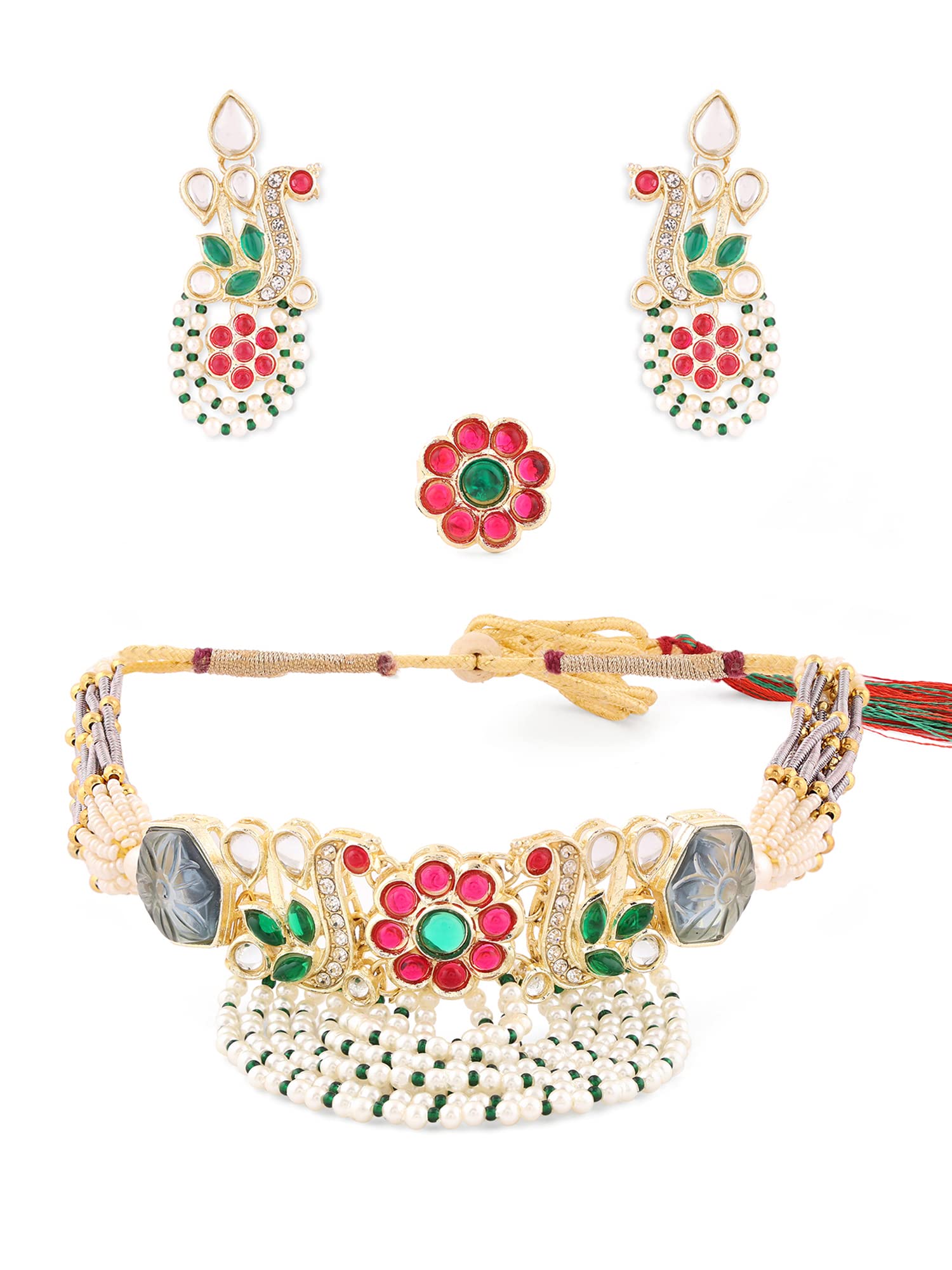 ZAVERI PEARLS Multicolor Kundan & Beads Peacock Inspired Choker Necklace Earring & Ring Set For Women-ZPFK14705 (B0BCGSHWXJ) Amazon Price History, Amazon Price Tracker