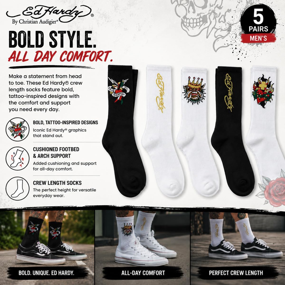 ED HARDY 5-Pairs Men's Tattoo Print Fashion Half Cushion Arch Crew Socks