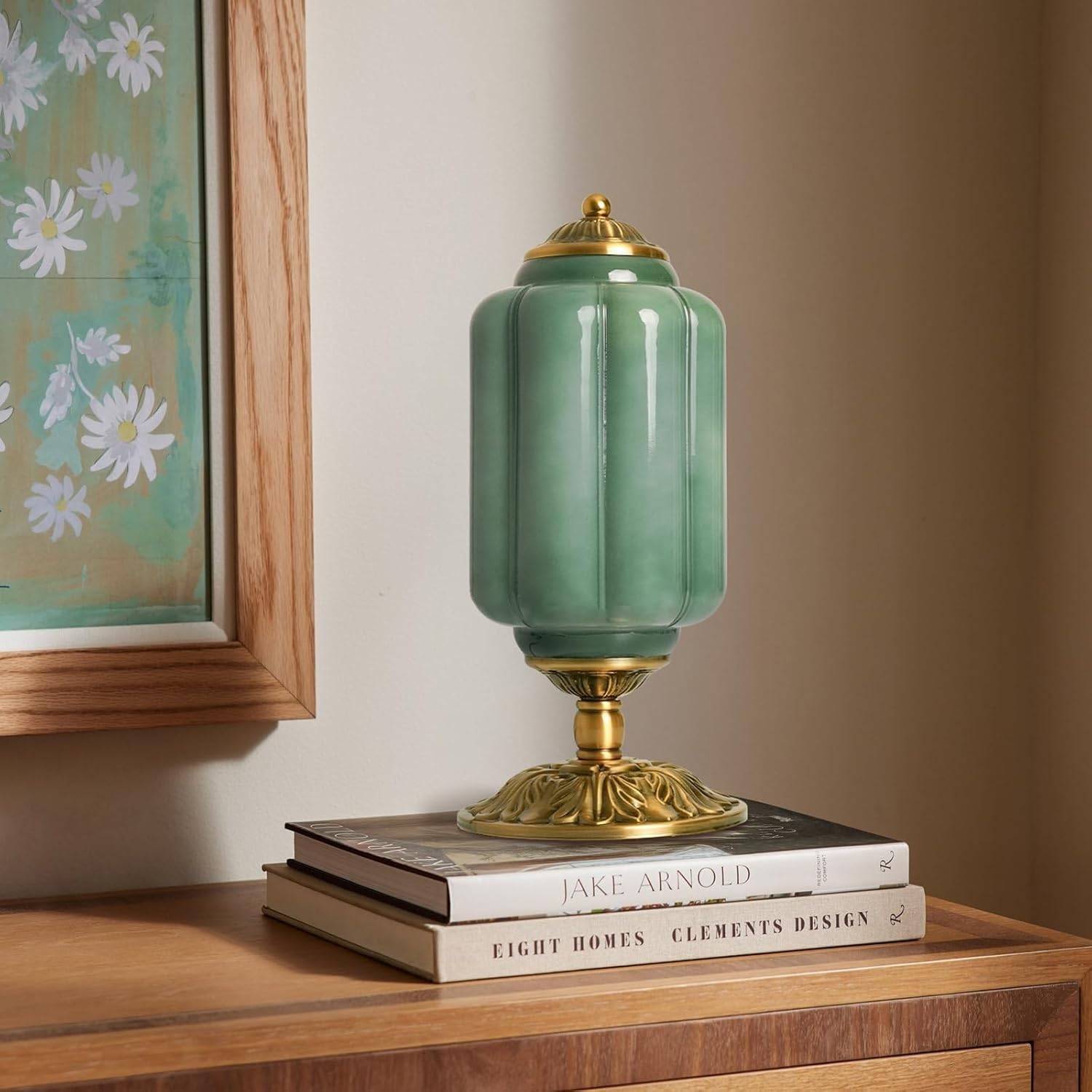 Stesulfr Milk Glass Table Lamp Modern Farmhouse Design with Antique Brass Finish Base Green Desk Light Green Pumpkin Design Ribbed Glass Vintage Bedside Lamp for Bedroom Living Room Office
