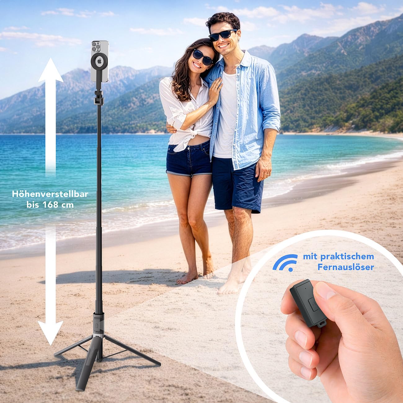 Somikon leggero: Set da 2 Selfie stick & treppiede per smartphone 2in1, Lunghezza selfie stick: fino a 166,5 cm, altezza treppiede: fino a 168 cm, compatibile con MagSafe (da viaggio, in alluminio)