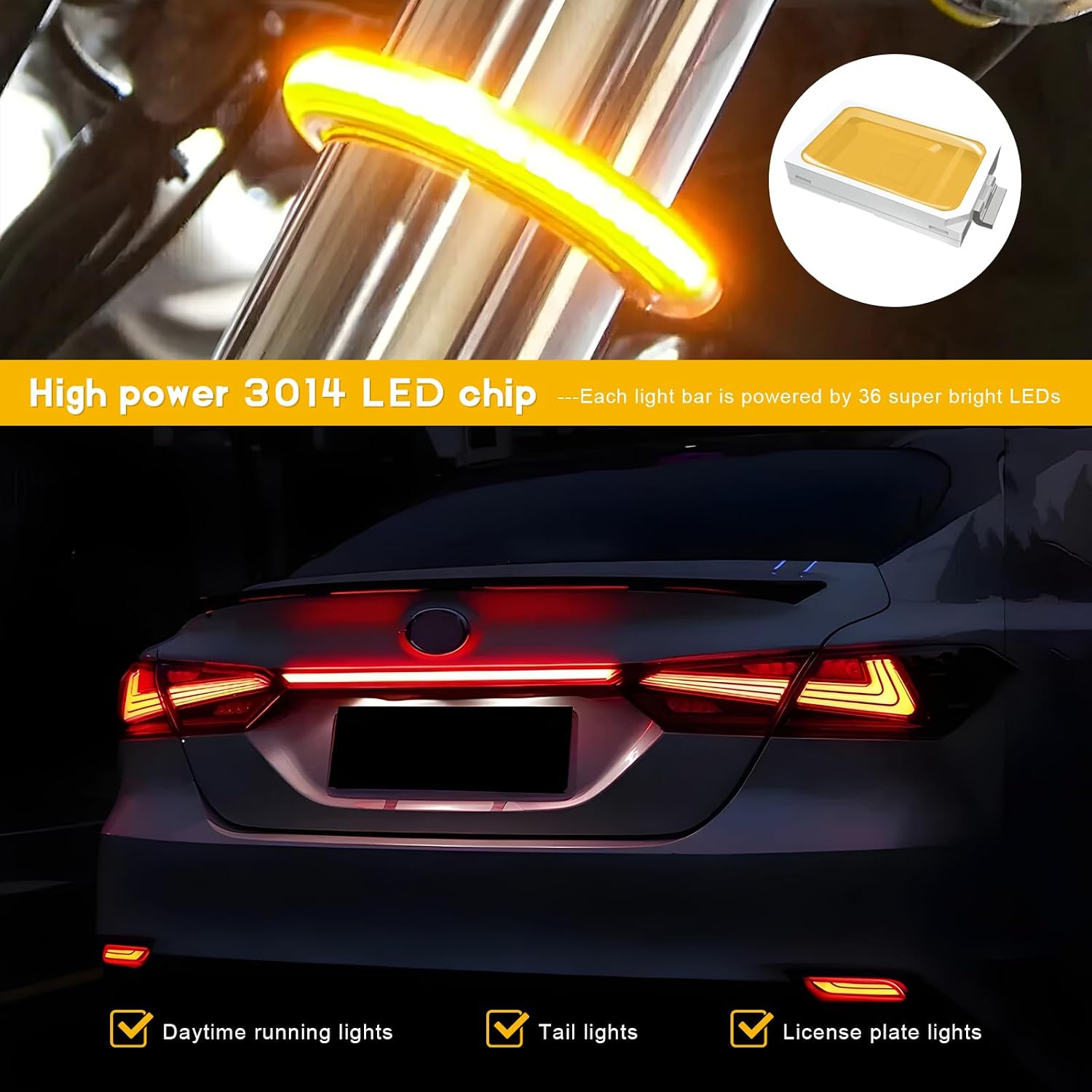 2PCS Motorcycle LED Turn Signal Light, Flexible Switchback Fork Turn Signal Blinkers Waterproof Tail Strips, Dual-Color DRL Daytime Running Light Adjustable Strip Bars for Motorbike