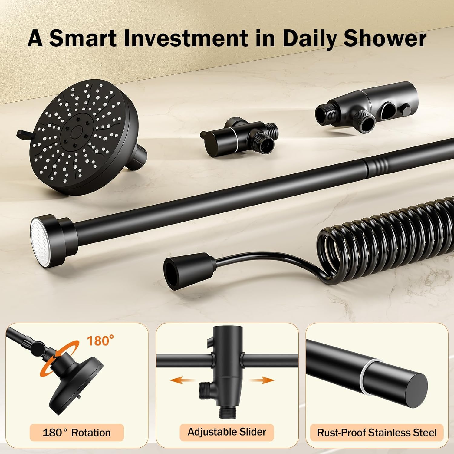 Dual Shower Head with Original Adjustable Slider, High Pressure Double Shower Head for Two People Rod, 2 Showerhead System for Couples, Renter-Friendly, SPA-Like, Gift for Women Men, Black - Image 8