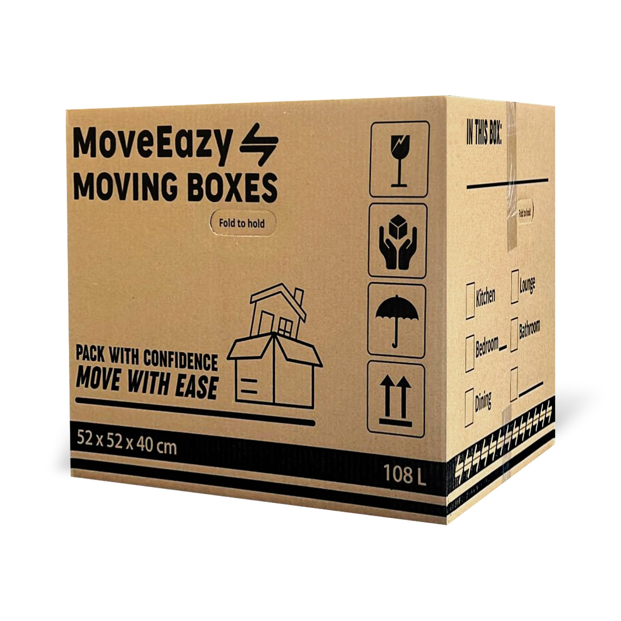MoveEazy Cardboard Moving Boxes Large Box Strong House Packing Storage Removal with Carry Handles 52cm x 52cm x 40cm (108 Litres) (108L, Pack of 15) — image 1