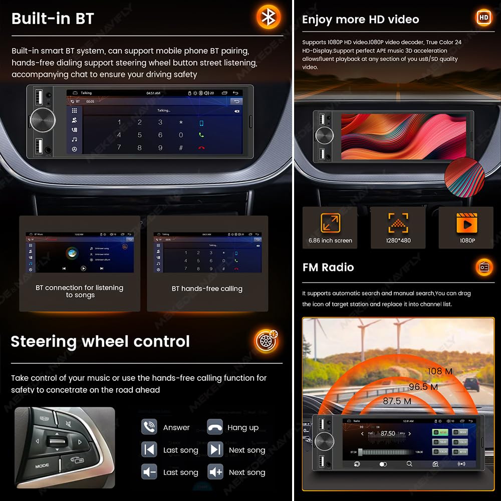 6.86 Inch 1Din Carplay Auto Car Radio Multimedia Video MP5 Player With BT FM USB Type-C Autoradio(OD8 wireless CP AA)