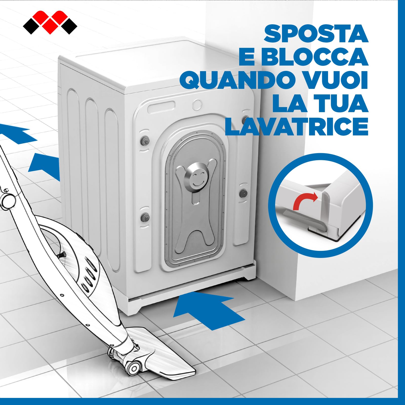 Meliconi BASE MOVE EVO SIOC, Base per Lavatrice con Ruote e Freni, Imballo ecologico e Anti Rottura, per elettrodomestici standard 60x60cm, supporta 250kg, anche per colonna bucato, bianca
