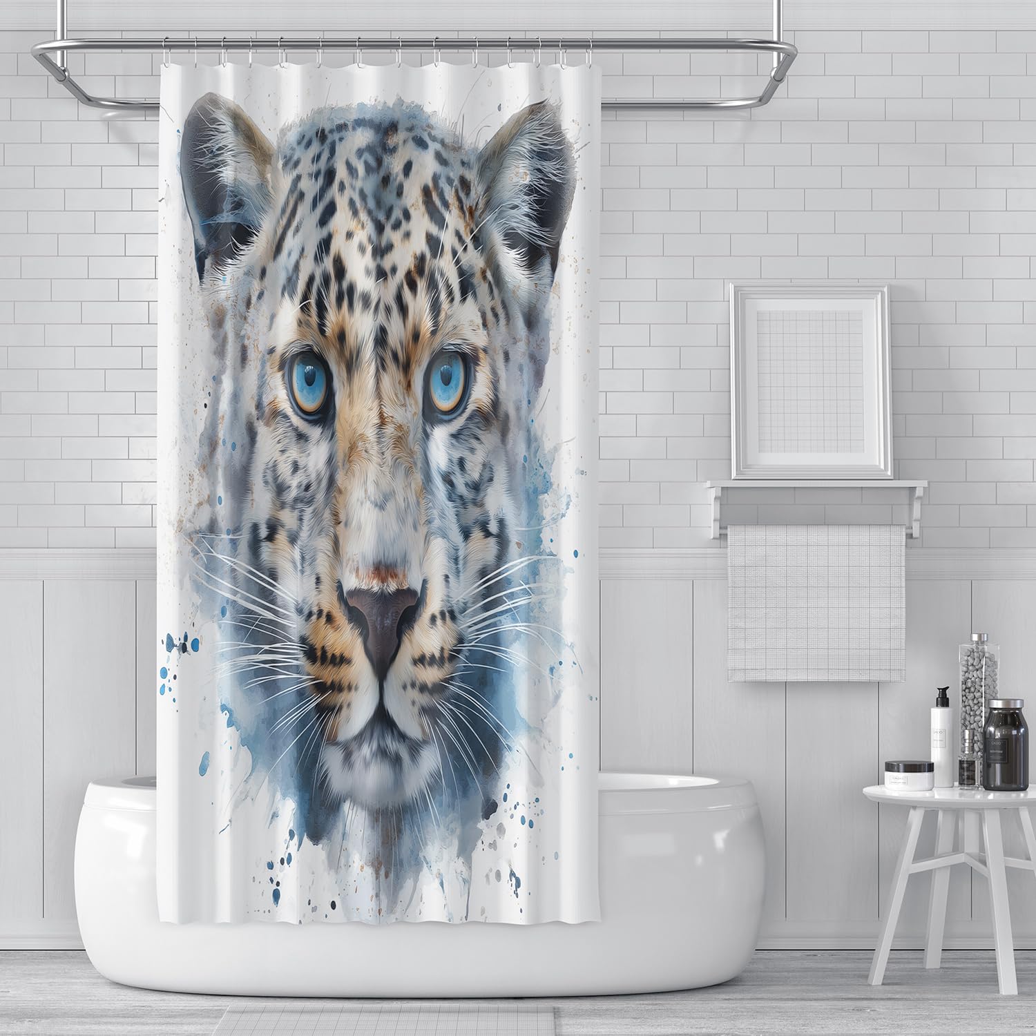 Duschvorhang 200x200 mit Aquarell Geparden, 3D Wildlife-Leoparden, Badezimmervorhang, Schlicht, Weiß, Wasserdicht, Polyestergewebe für Nassraum Badezimmerdekor mit Haken, B200 x H200 cm (1Er Pack)