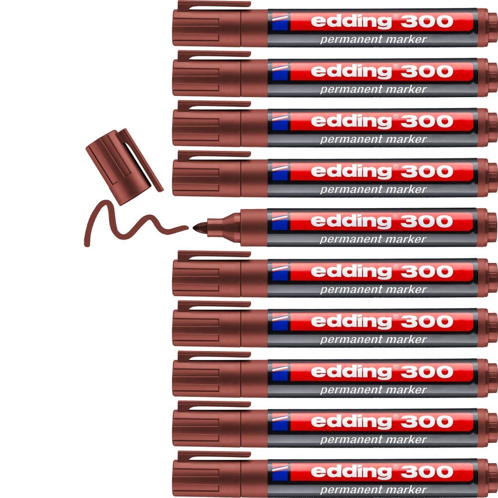 edding 300 Permanent Marker - Brown - 10 Markers - Bullet Tip 1.5-3 mm - Waterproof, Quick-Drying, Indelible Markers - For Cardboard, Plastic, Glass, Wood, Metal