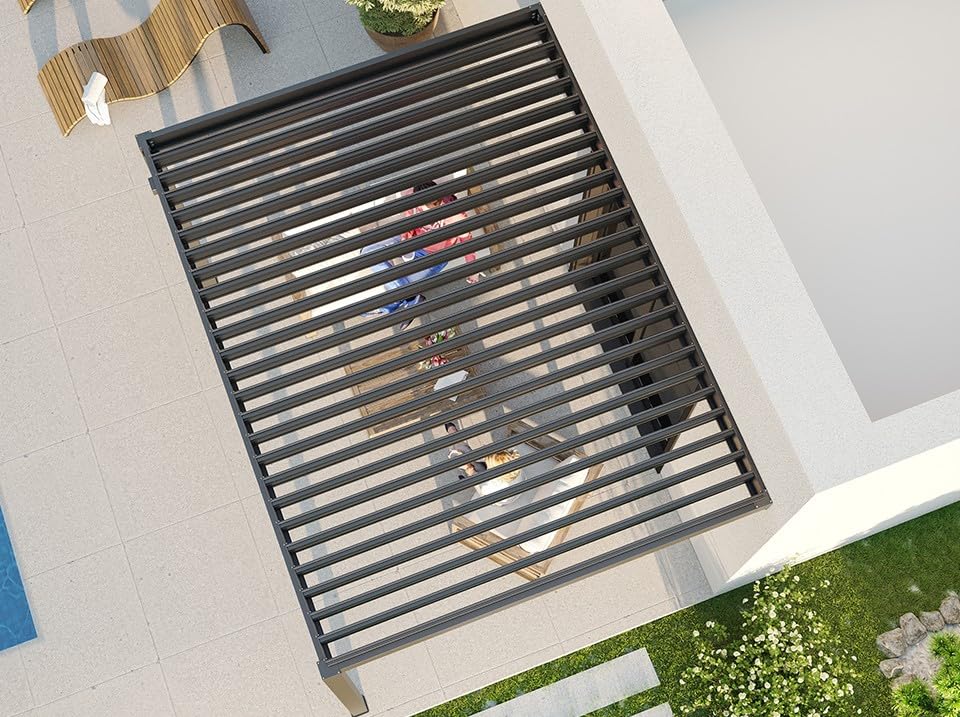 Direct ABRIS Pergola Bioclimatique Aluminium Adossée 12m² - 3x4m - Deux Stores Inclus - Anthracite - 29 Lames en Acier galvanisé - Inclinable à 90° - Tonnelle