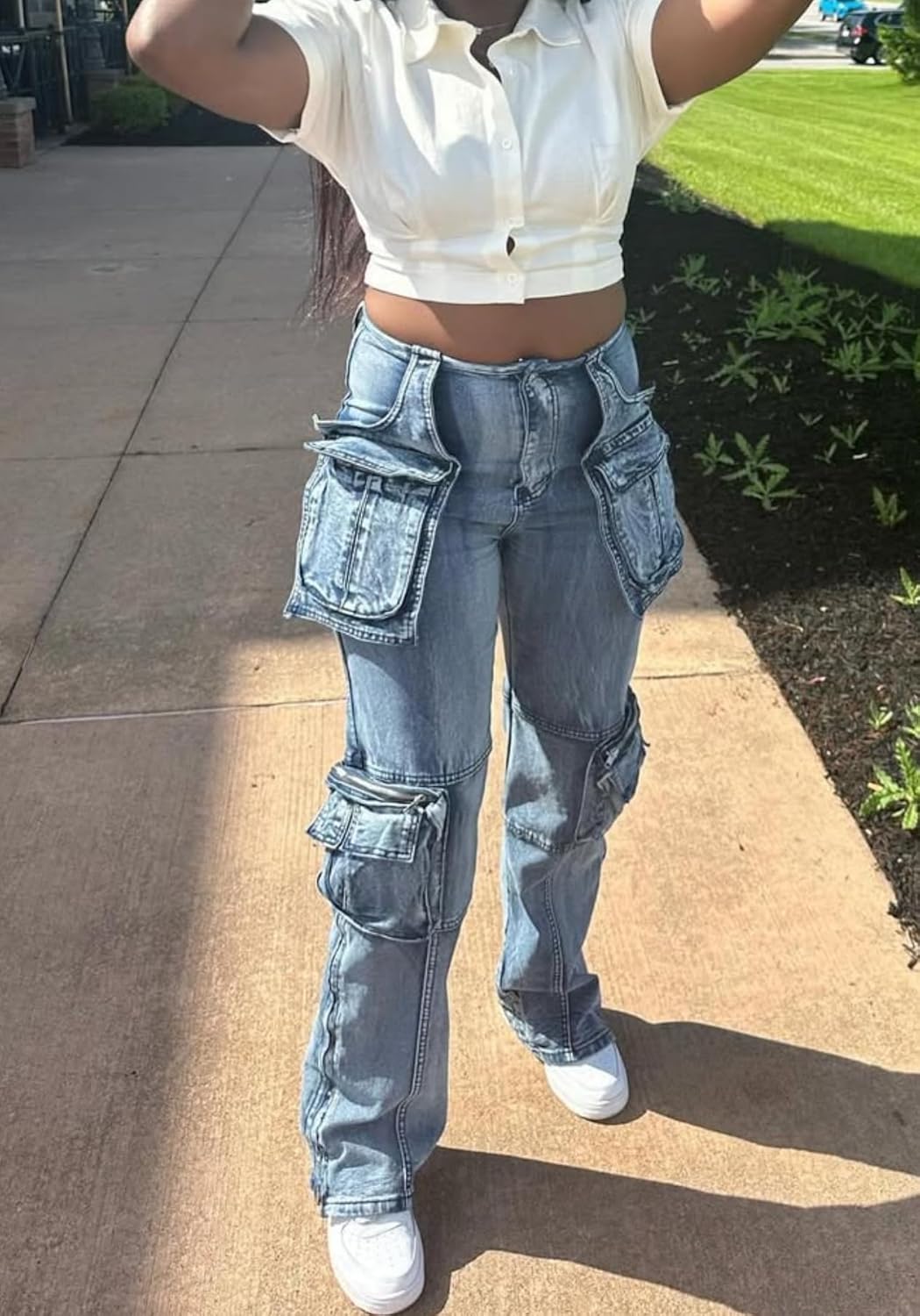 Baggy Jeans Women High Stretch Zipper Slit Striaght Leg Cargo Pants - Image 3