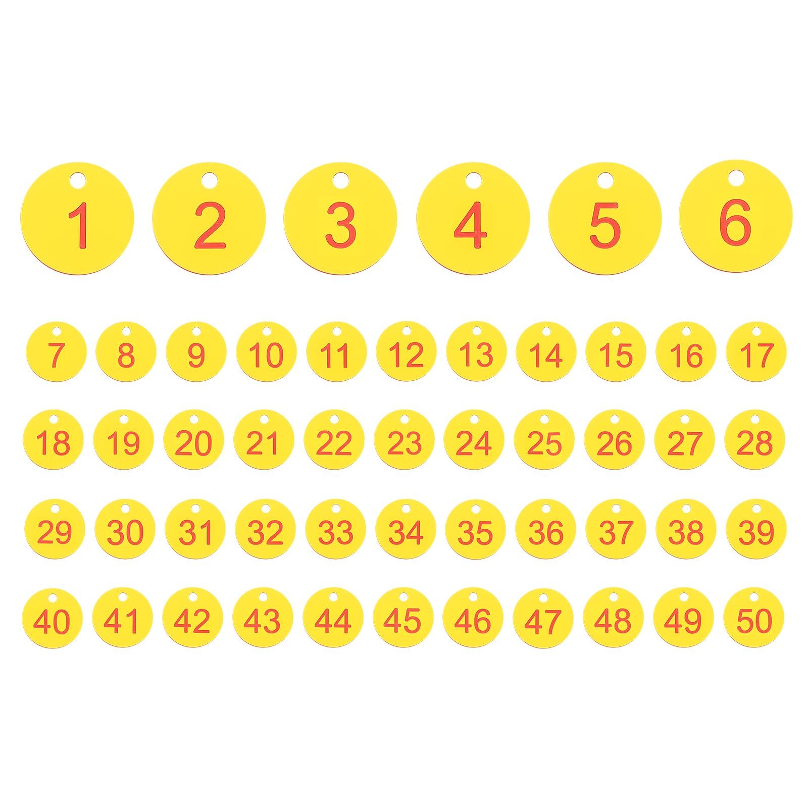PATIKIL 50PCS Number Tags 1-50, Table Number Key Tags Plastic Numbered Keychain for Organizer Field Sales Hangers Clothes Labels ID, Yellow Red