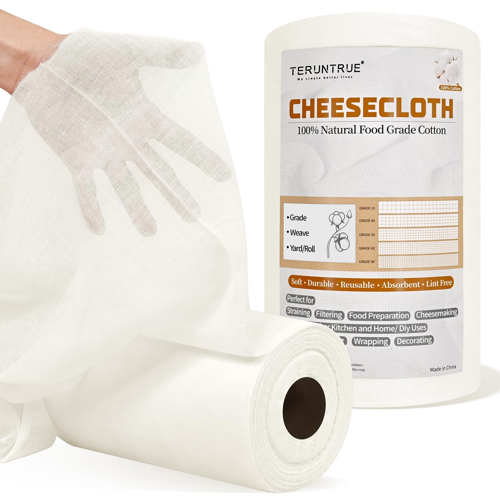 Garza Alimentare,Filtrante per Alimenti 90×3300cm, Panno per Formaggio,Cheese Cloth,Tessuto Filtrante,Riutilizzabili Cotone Naturale non sbiancata, per Succhi di Frutta, Tofu, Caffè(Grade 90)