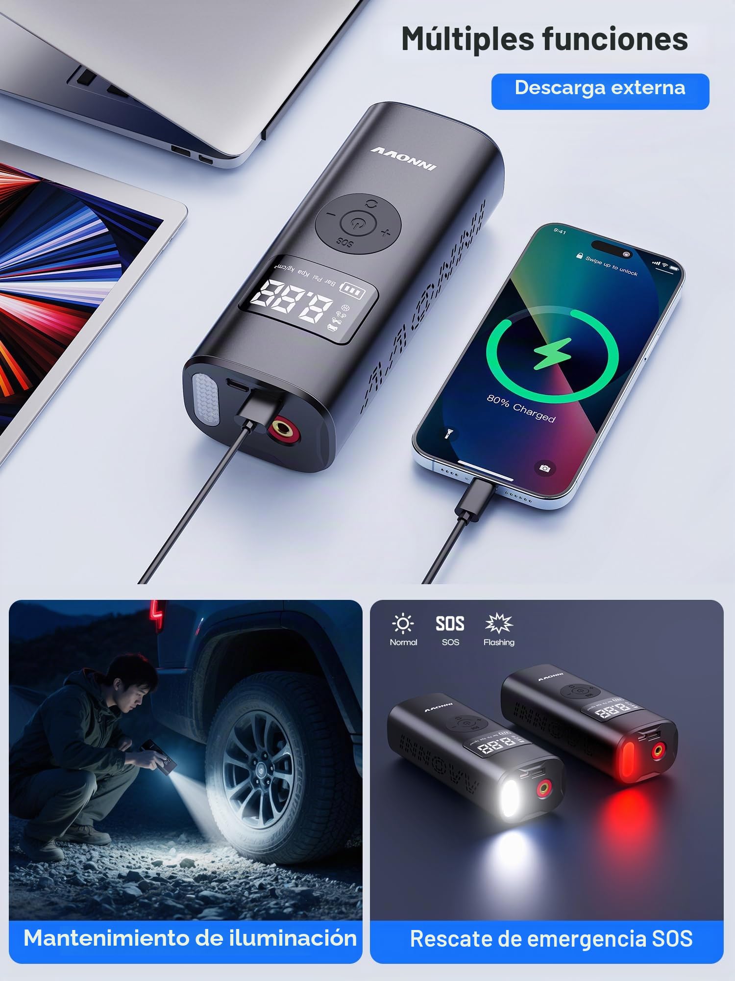 INNOVV Bomba de aire eléctrica P1, portátil para bicicleta, con indicador digital de presión y iluminación de emergencia, 150 psi, recargable para coche