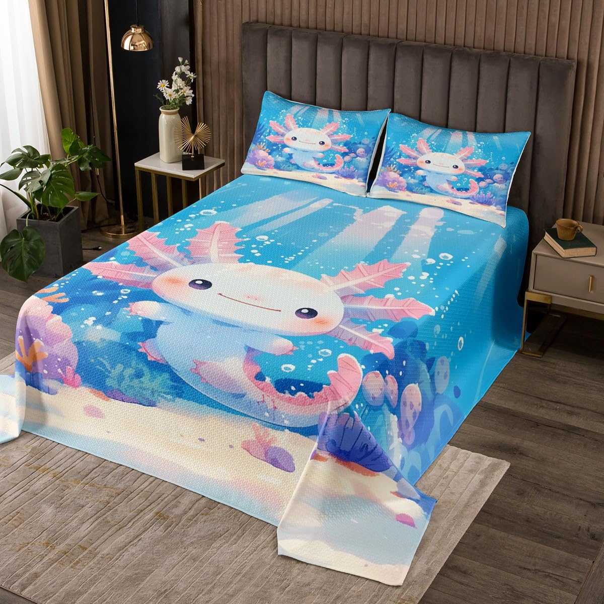 Cute Axolotl Kids Bedspread,Undersea View Cartoon Wild Sealife Bedding Set for Boys Girls Teens,Watercolor Coral Plants Ocean Theme Coverlet Set with 2 Pillowcases,King Size 3 Pcs