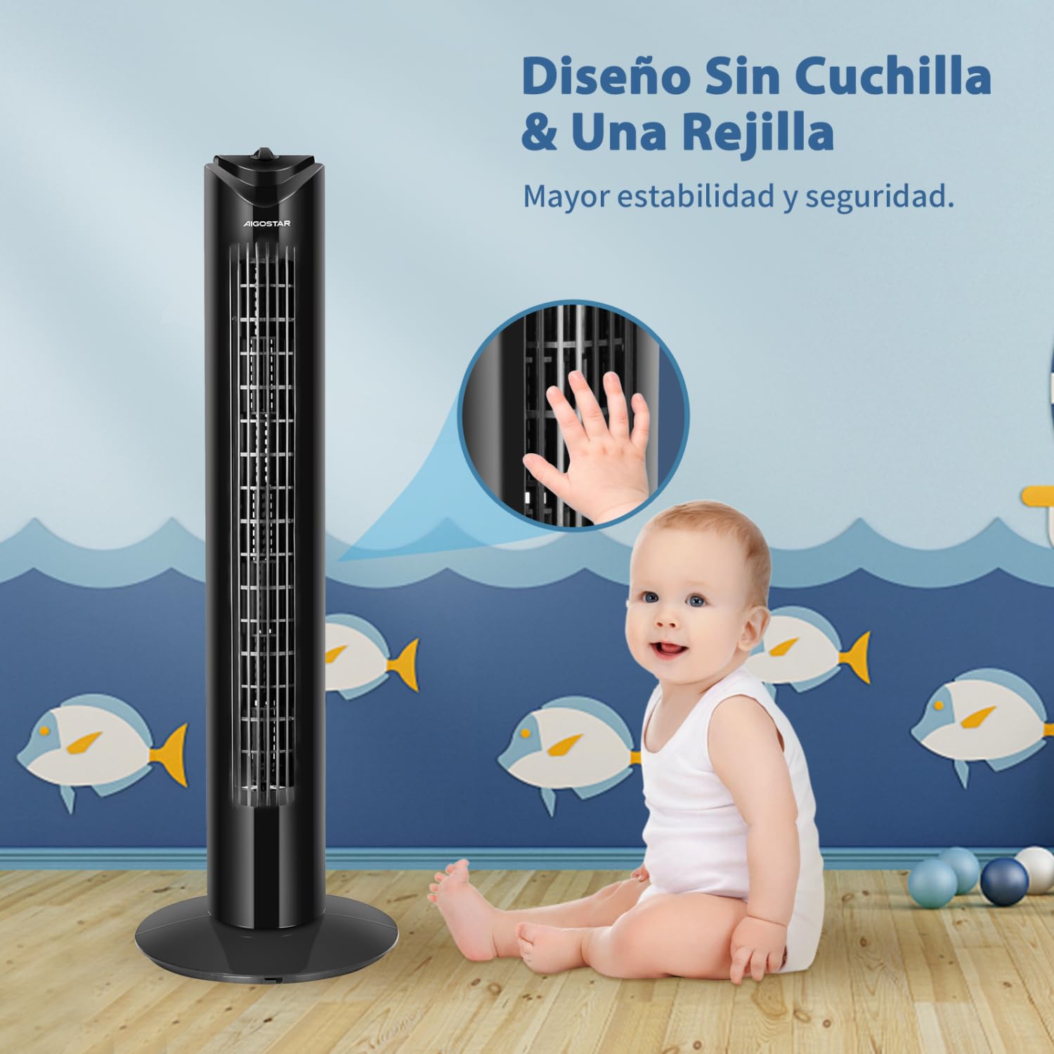 Aigostar Ventilador de Torre, Silencioso, 3 Velocidades, Oscilación de 70º, Temporizador 120 min, 81 cm de Alto, Diseño Compacto, Fácil Instalación, Ventilador de Pie Portátil 45W, Negro