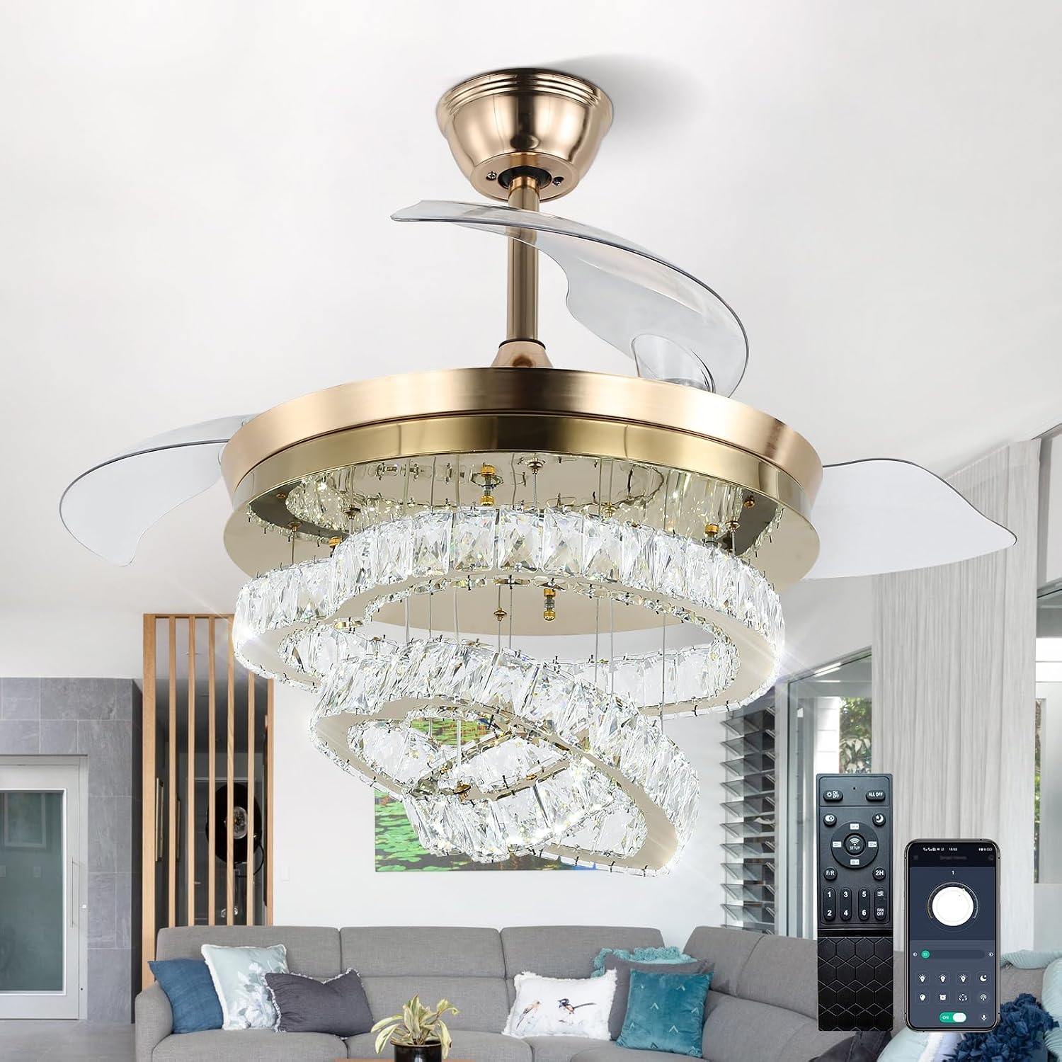 FRIXCHUR 42″ Modern Crystal Chandelier Ceiling Fan LED Dimmable Fandelier Ceiling Fans with Lights and Remote, 6-Speed Reversible DIY Fans Light for Living Room Bedroom (Gold)