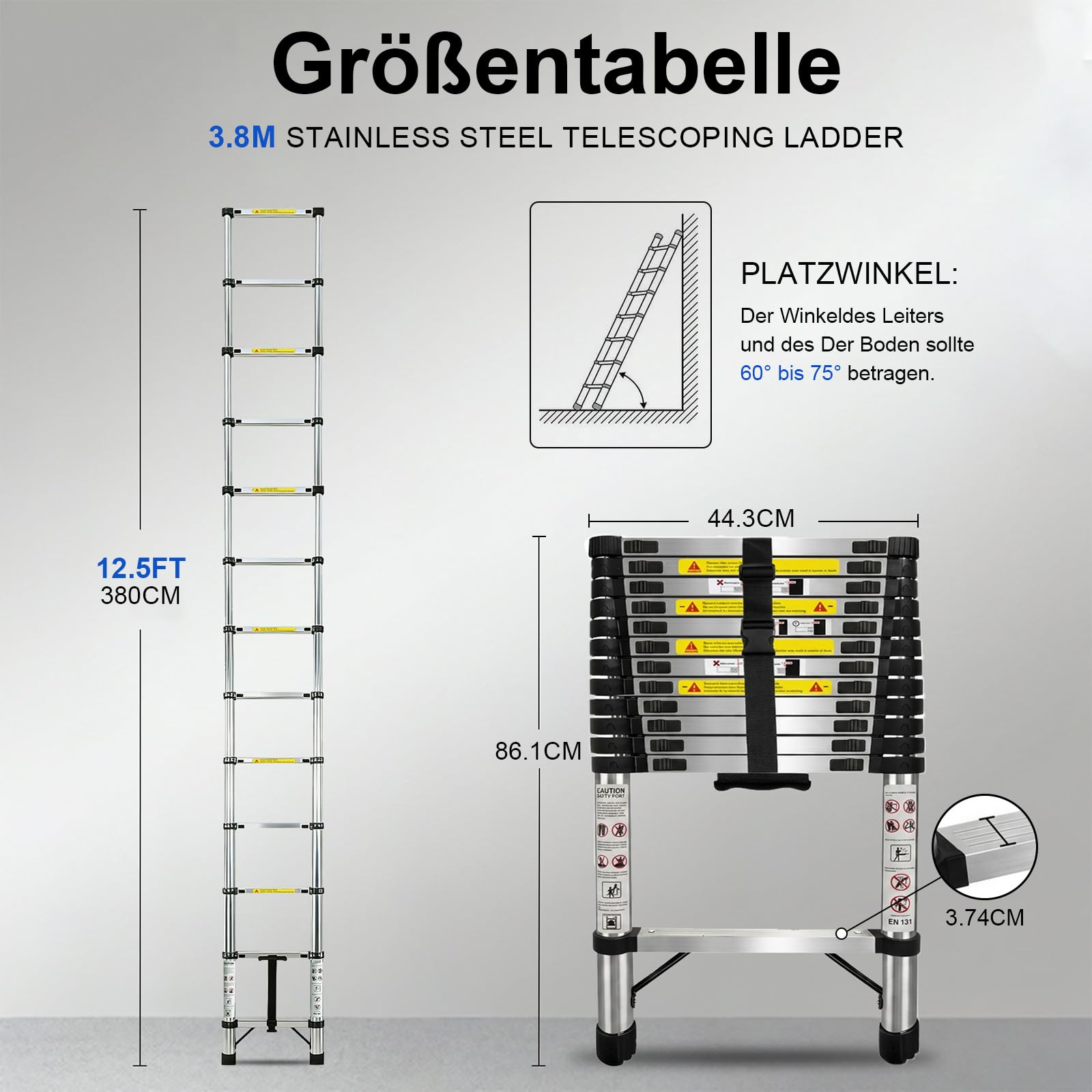 Échelle télescopique de 3,8m, échelle Extensible en Acier Inoxydable renforcé Anti-crochage, échelle Pliable Stable de 150 kg, échelle Pliable à Retrait Lent Anti-crevaison avec Manuel Complet