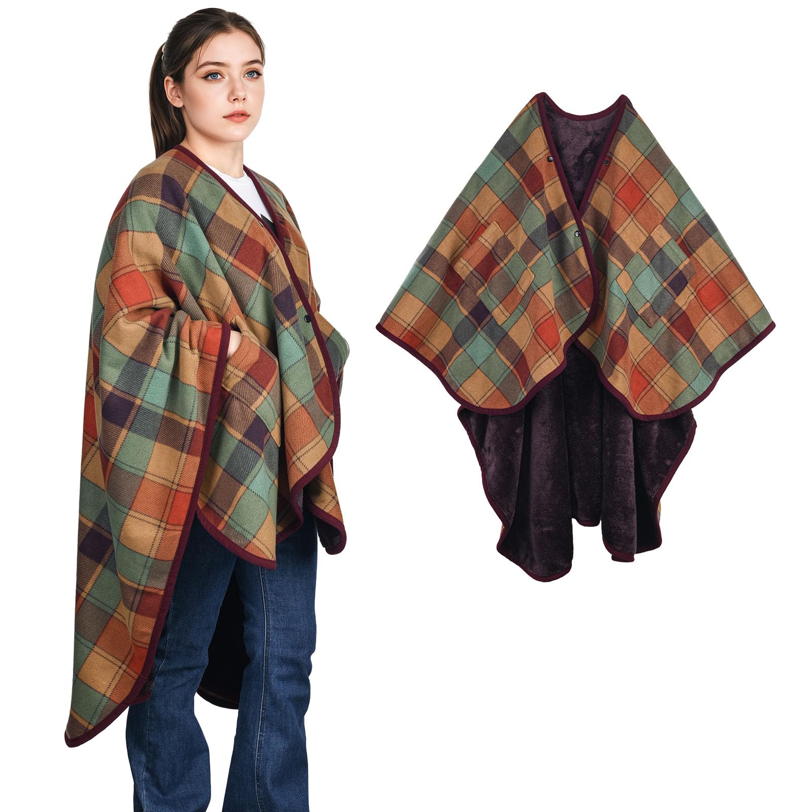 Damskie ponczo polarowe, przenośny, flanelowy, koc, wygodna narzuta na ponczo, z guzikami i kieszeniami, na łóżko, sofę, do biura