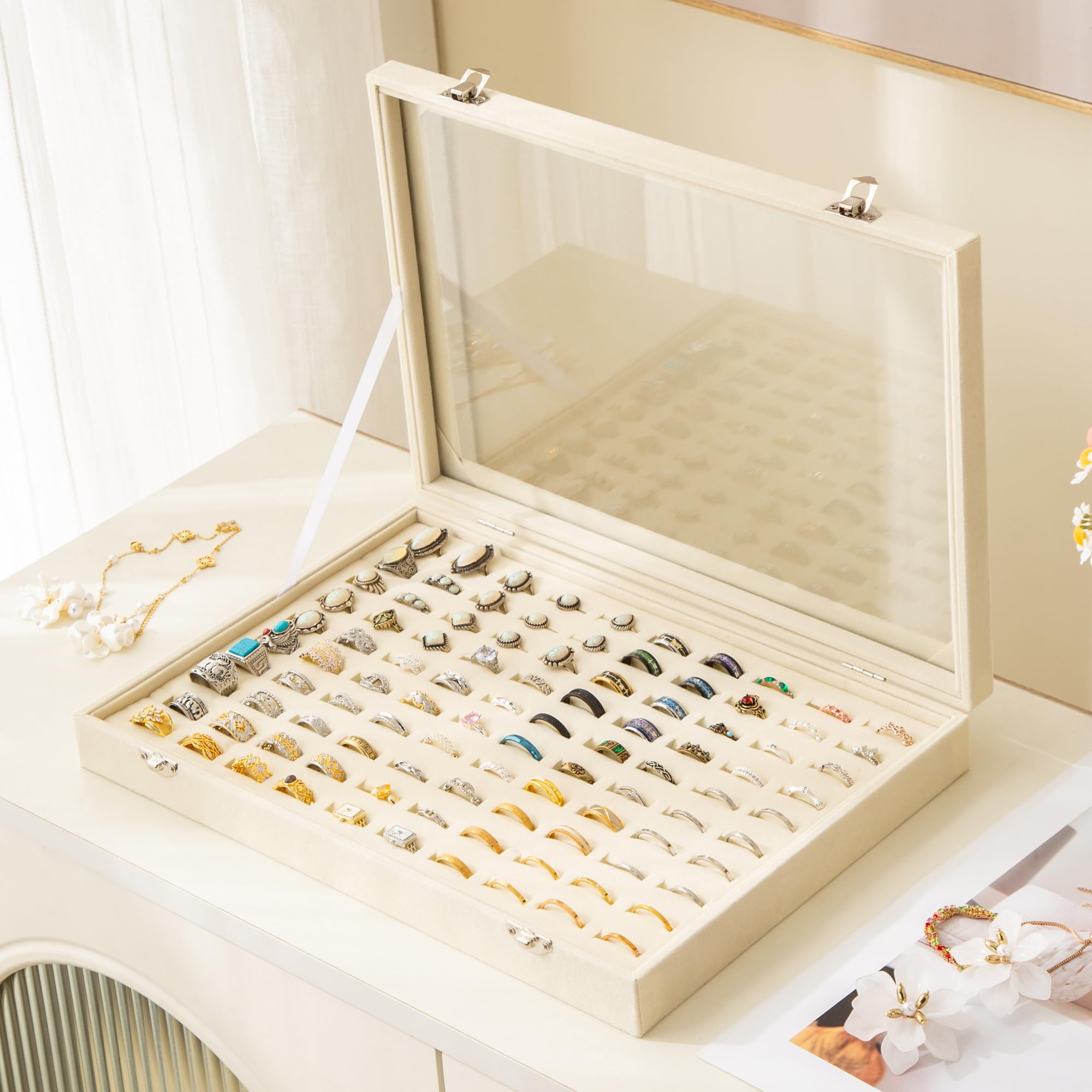 Frebeauty Organizer na pierścionki, 100 przegródek, uchwyt pierścieniowy z przezroczystą pokrywką, aksamitny pierścień, pudełko do przechowywania, taca pierścieniowa