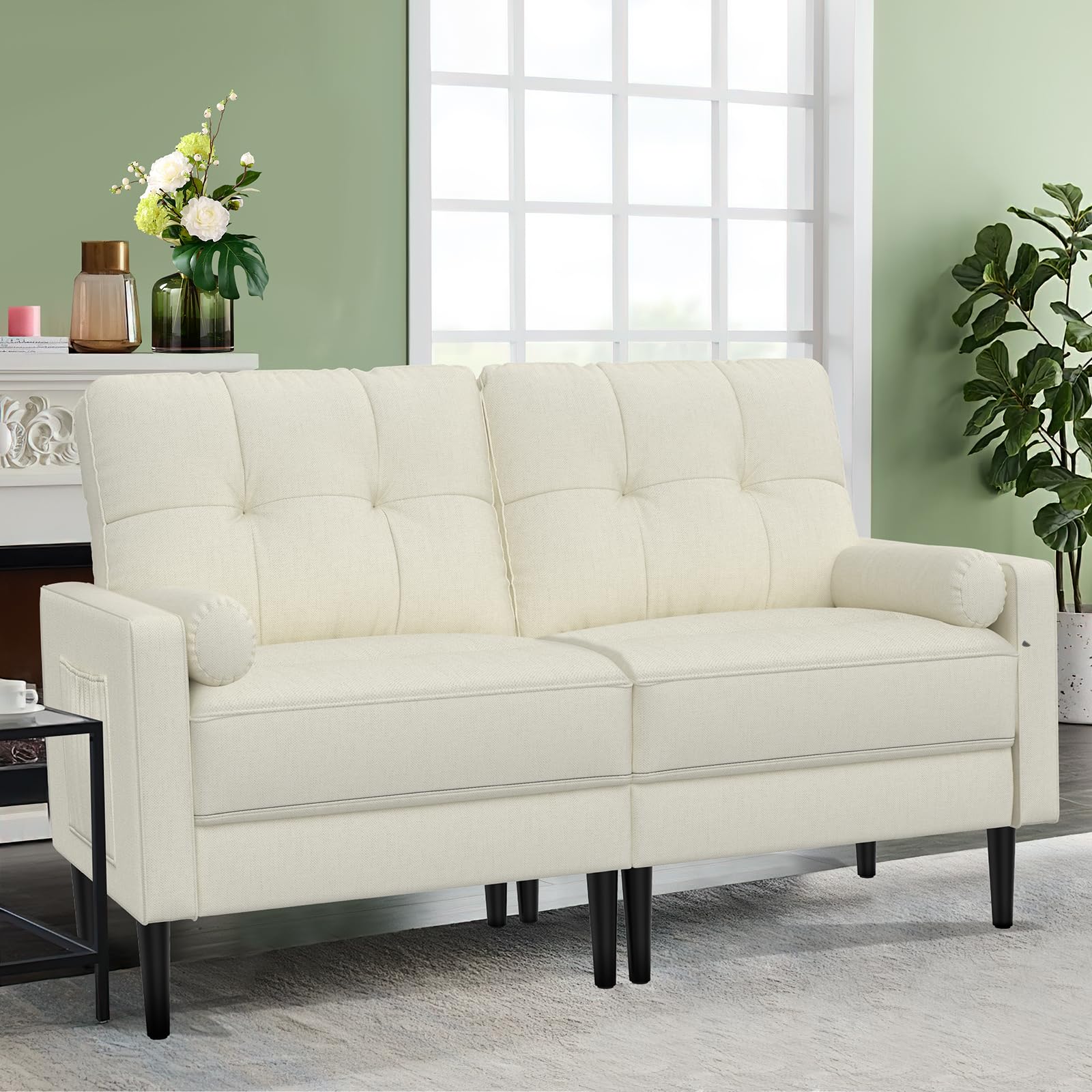 Aotumm Ciort Sofa 2 Plazas, Sofá Dos Plazas con 2 Almohadas, Cómodo Cojín de Asiento, Sofá Moderno de Mediados de Siglo, Sofa Pequeños para Sala de Estar/Apartamento/Dormitorio, Sofá de Lino (Beige)