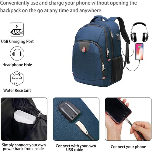 Miniatura 9 de Mochila de viaje para ordenador portátil Mochila universitaria extragrande antirrobos para hombres y mujeres con puerto de carga USB Negro 17 Negro