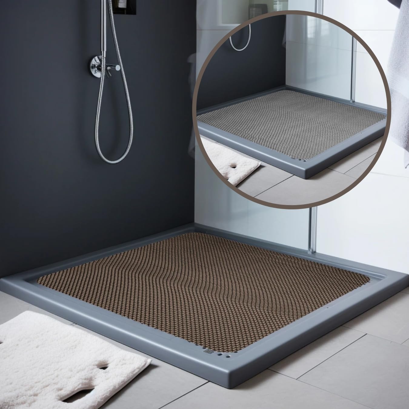 Nicoman Reversible Bath Mat Non Slip Anti Mold, Shower Mat for Tub Bathtub, Anti Slip Shower Mats for Inside Outside, Safety Washable Quick Drying Large Bath Matt (Grey/Brown, SQUARE 60x60cm)
