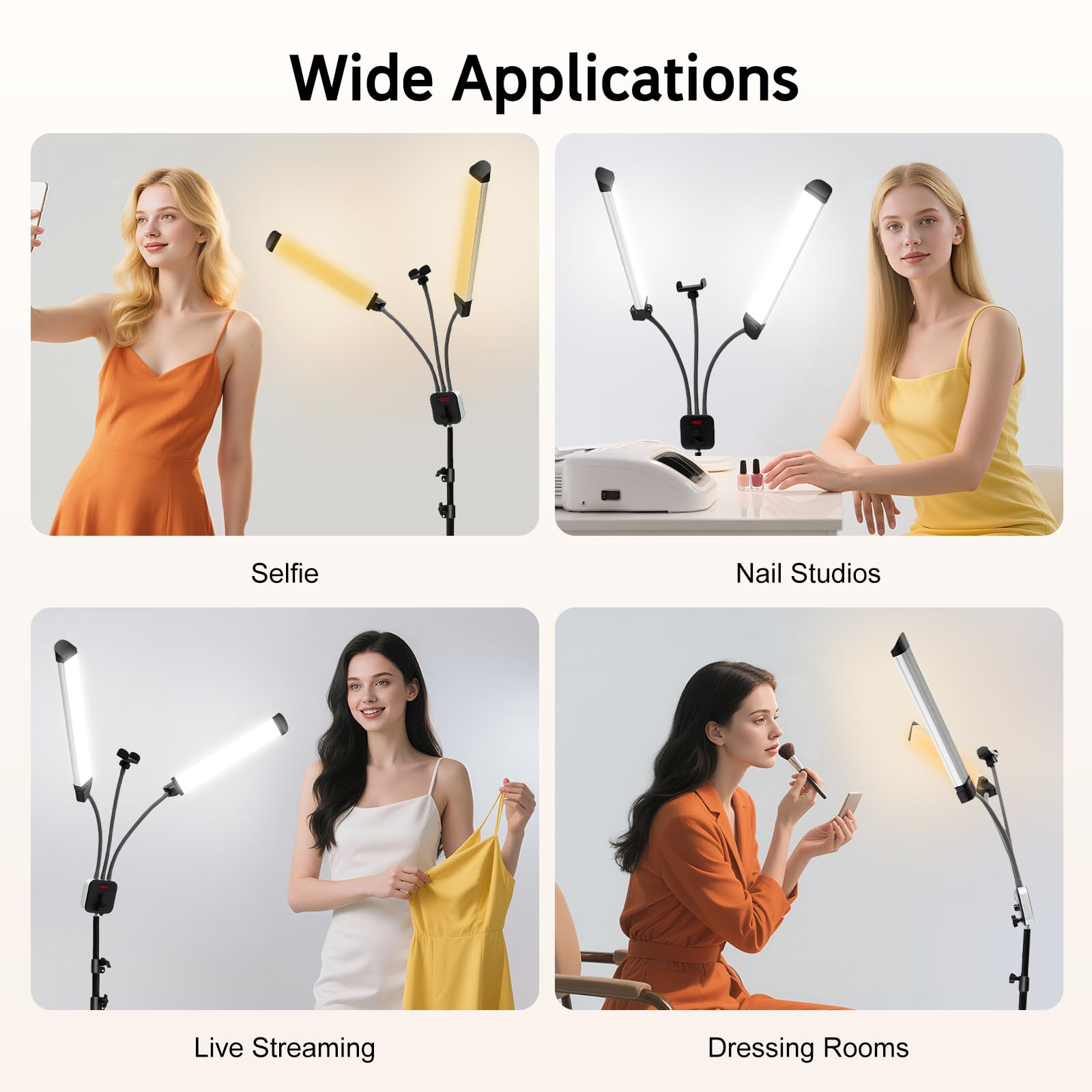 MINRS Lampada a doppio braccio a LED con treppiede e 1 supporto per cellulare, lampada per tatuaggi, luminosità regolabile, testa di luce girevole a 360°, per estensione delle ciglia, tatuaggio,