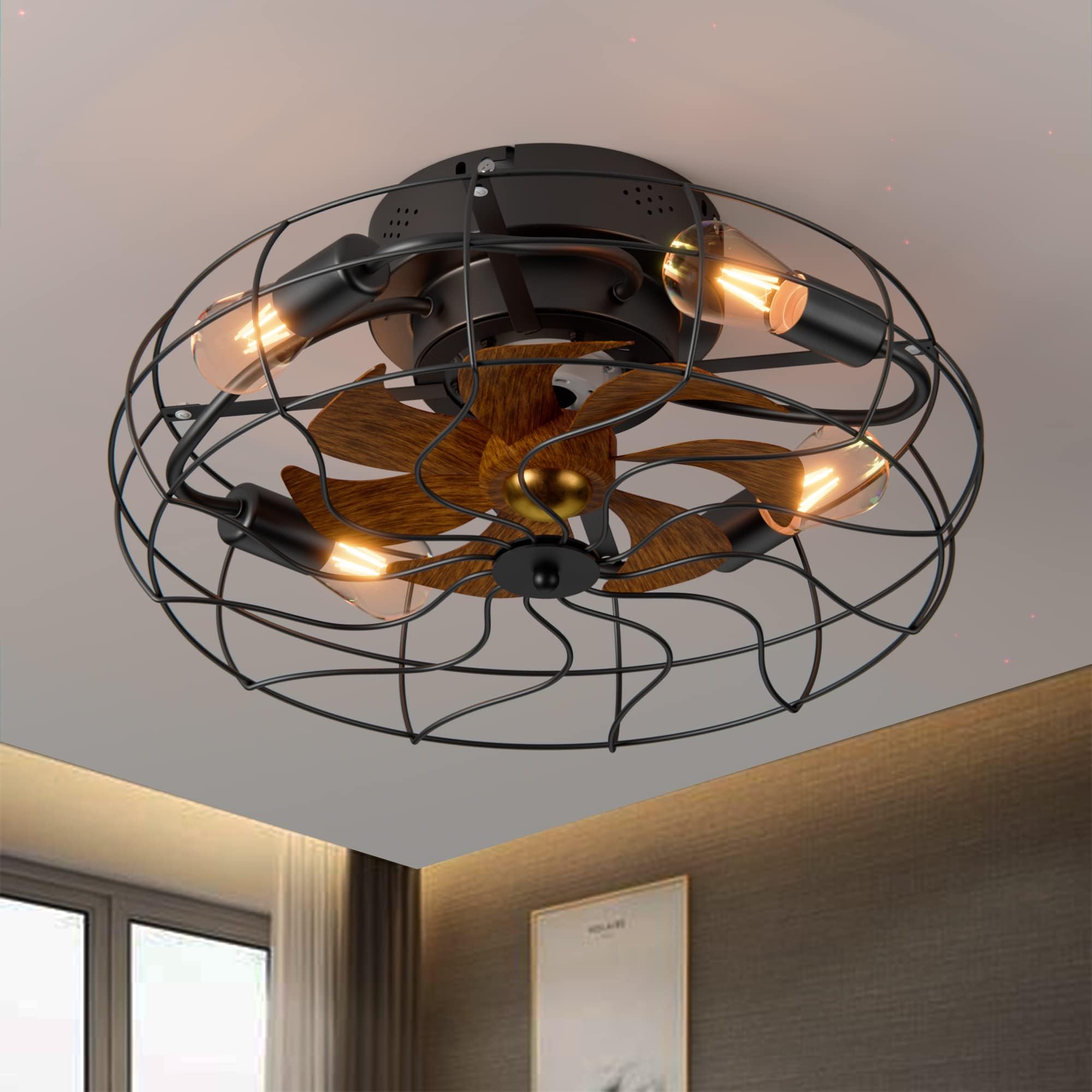 20'' Ceiling Lights and Remote Control, Flush Mount Caged Low Profile Ceiling light, Farmhouse Bladeless Ceiling Light