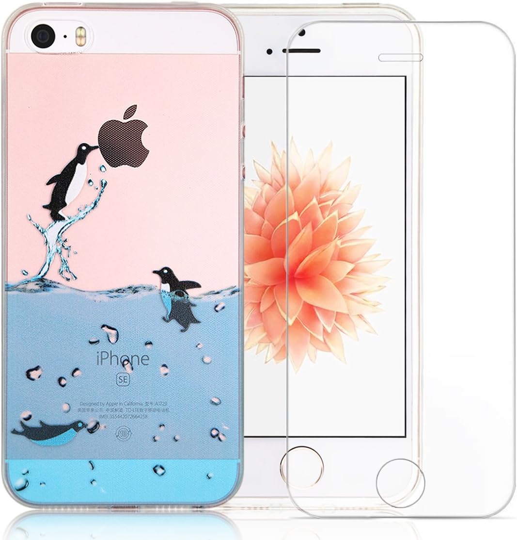 Iphone 5s Case, Iphone 5 / SE Case, A-Focus Cute Penguin Refreshing Swimming Sea Animal Cartoon Marine Animal Soft Gel TPU Case + Glass Screen Protector for Iphone SE / 5 / 5s (Penguin)